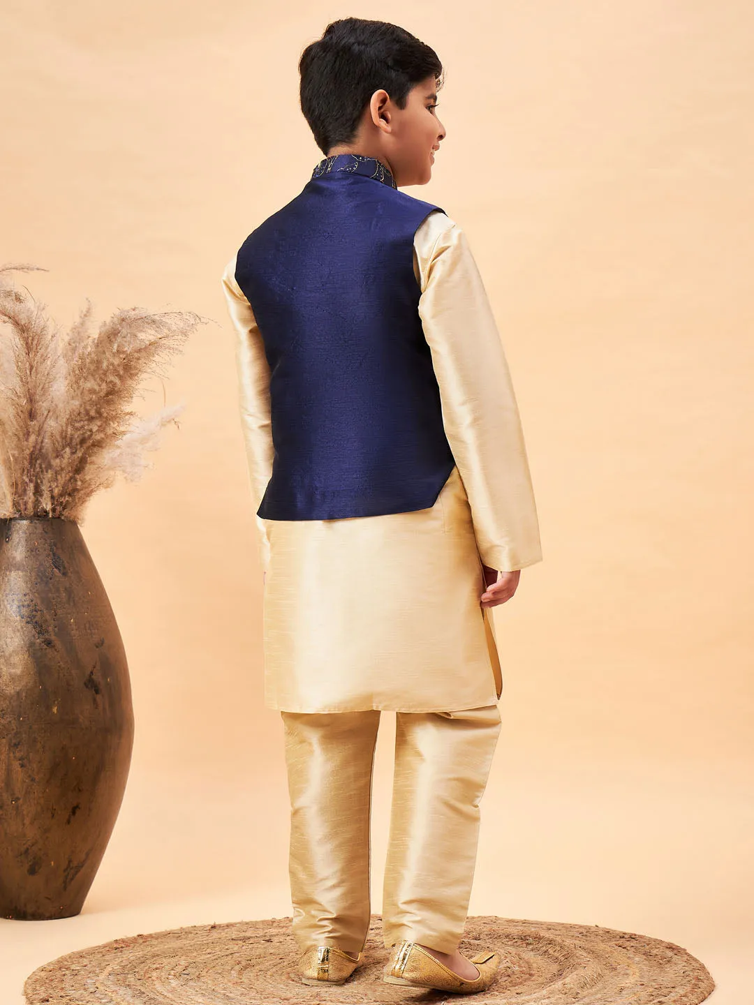 Boy's Navy Blue And Gold Jacket, Kurta And Pyjama Set - Vastramay Boys