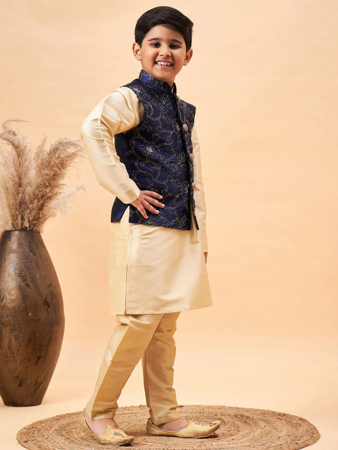 Boy's Navy Blue And Gold Jacket, Kurta And Pyjama Set - Vastramay Boys