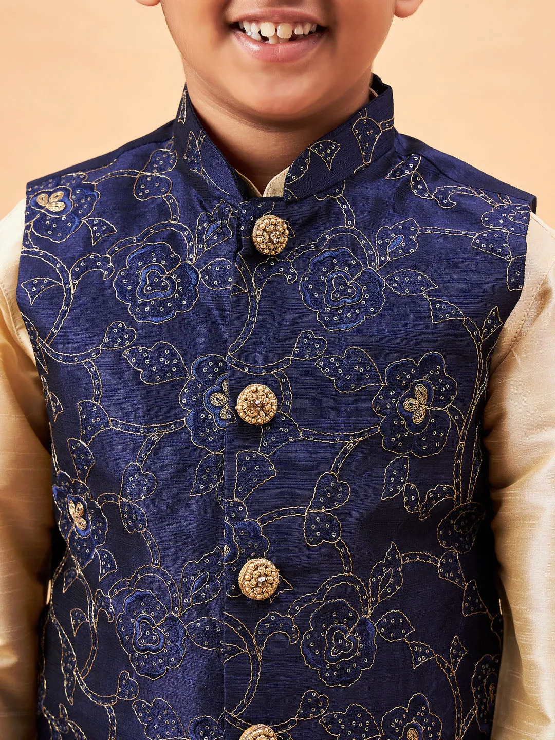 Boy's Navy Blue And Gold Jacket, Kurta And Pyjama Set - Vastramay Boys