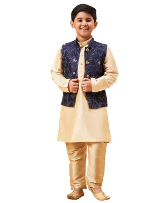 Boy's Navy Blue And Gold Jacket, Kurta And Pyjama Set - Vastramay Boys