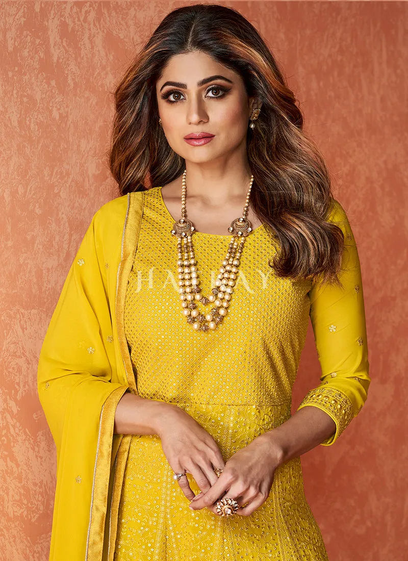 Bright Yellow Embroidered Bollywood Sharara Suit