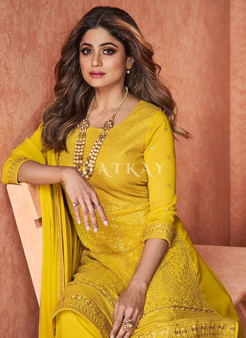 Bright Yellow Embroidered Bollywood Sharara Suit