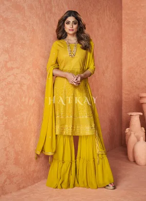 Bright Yellow Embroidered Bollywood Sharara Suit