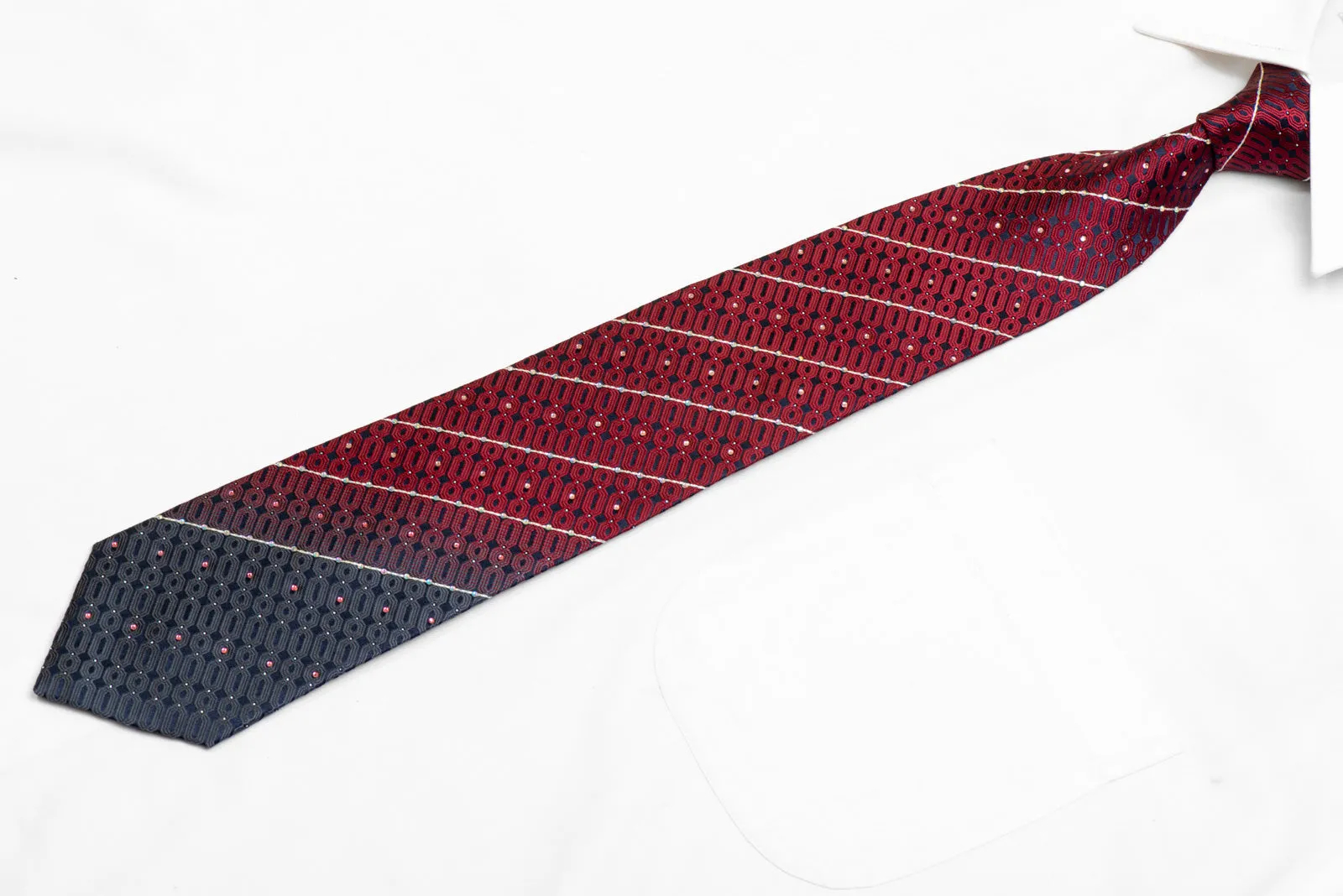 Burgundy Geometric Striped On Navy Rhinestone Silk Necktie With Silver Sparkles