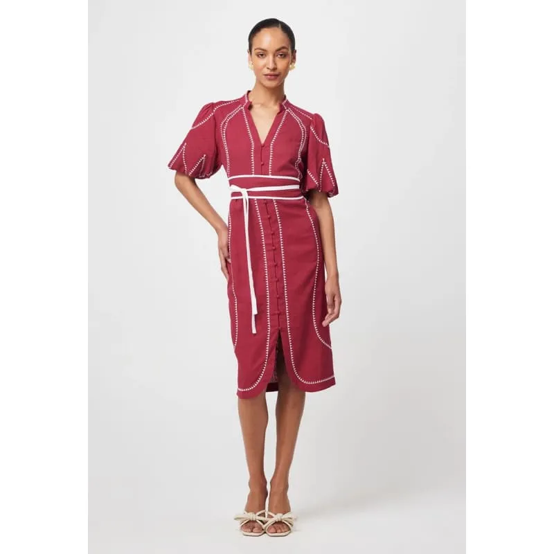 Carlyle Embroidered Linen Viscose Dress | Crimson