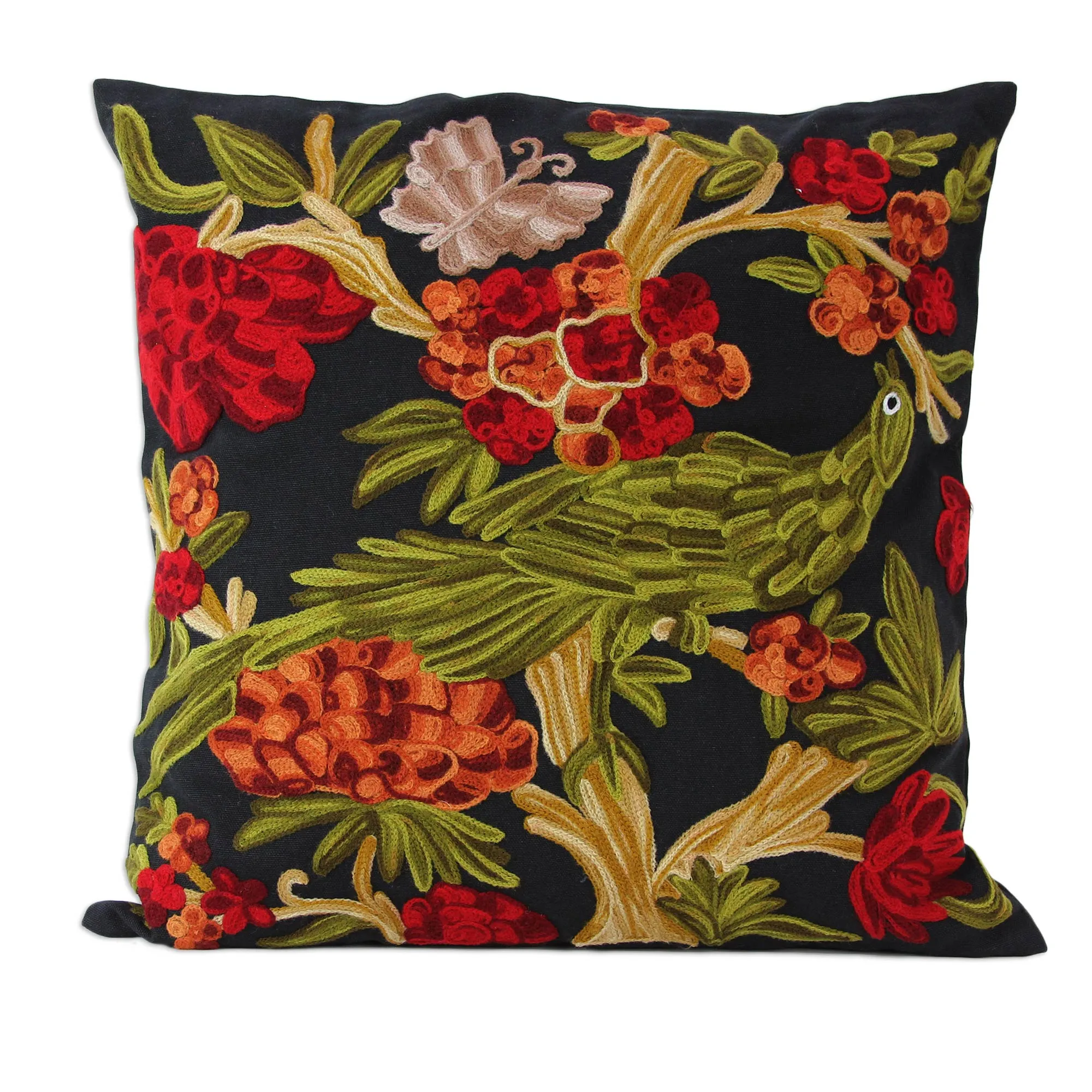 Chainstitch Embroidery Black Cotton Cushion Covers (Pair) - Midnight in the Garden | NOVICA