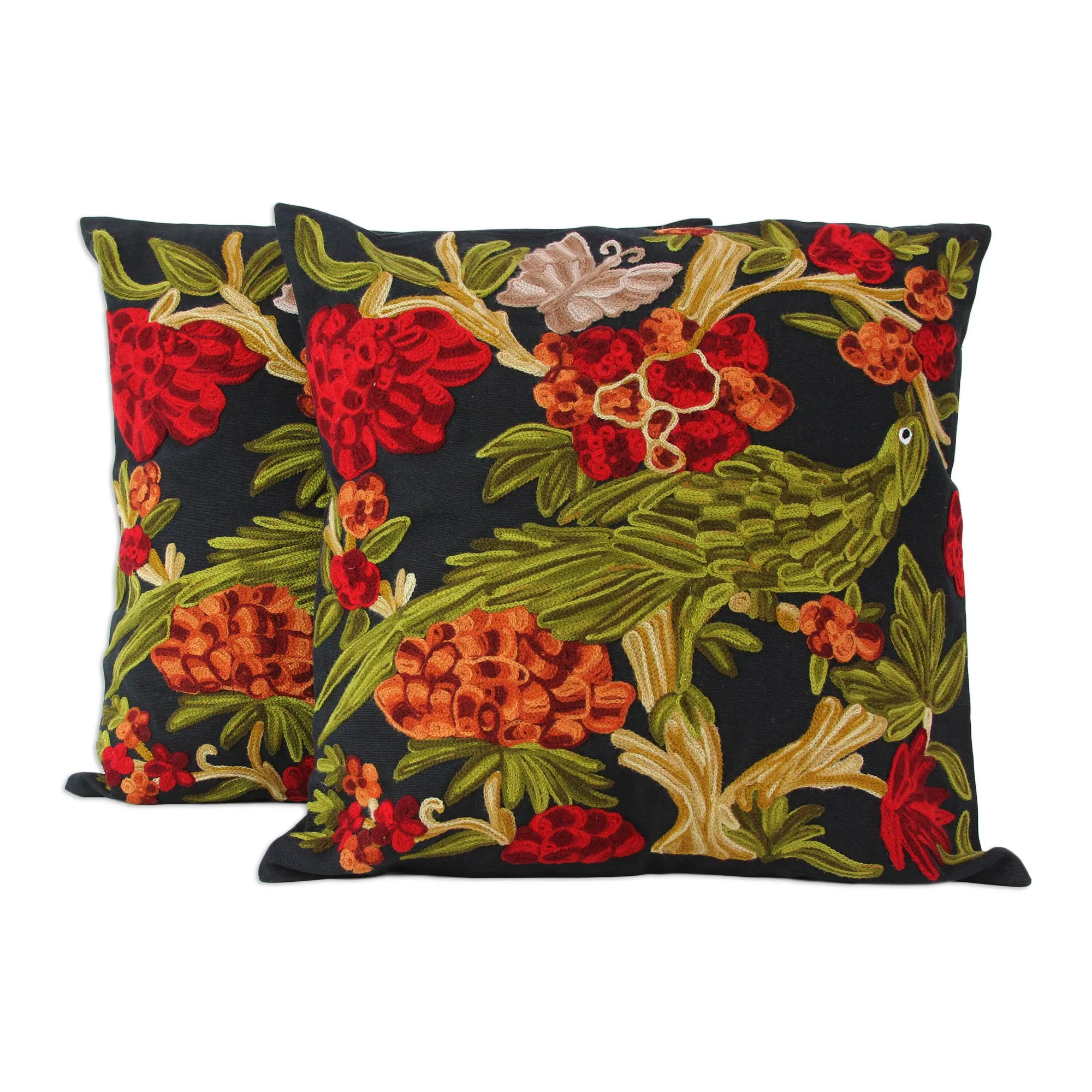 Chainstitch Embroidery Black Cotton Cushion Covers (Pair) - Midnight in the Garden | NOVICA