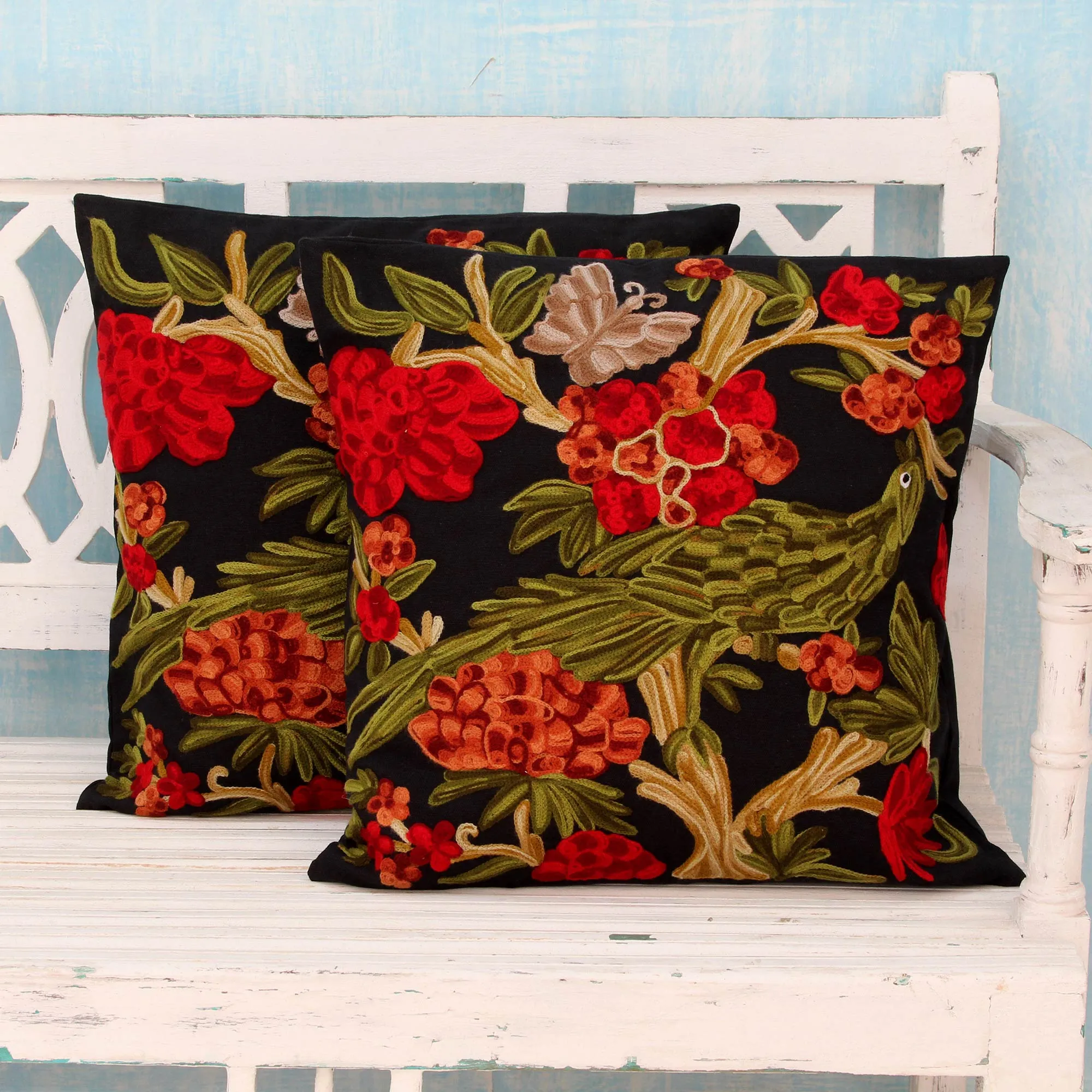 Chainstitch Embroidery Black Cotton Cushion Covers (Pair) - Midnight in the Garden | NOVICA