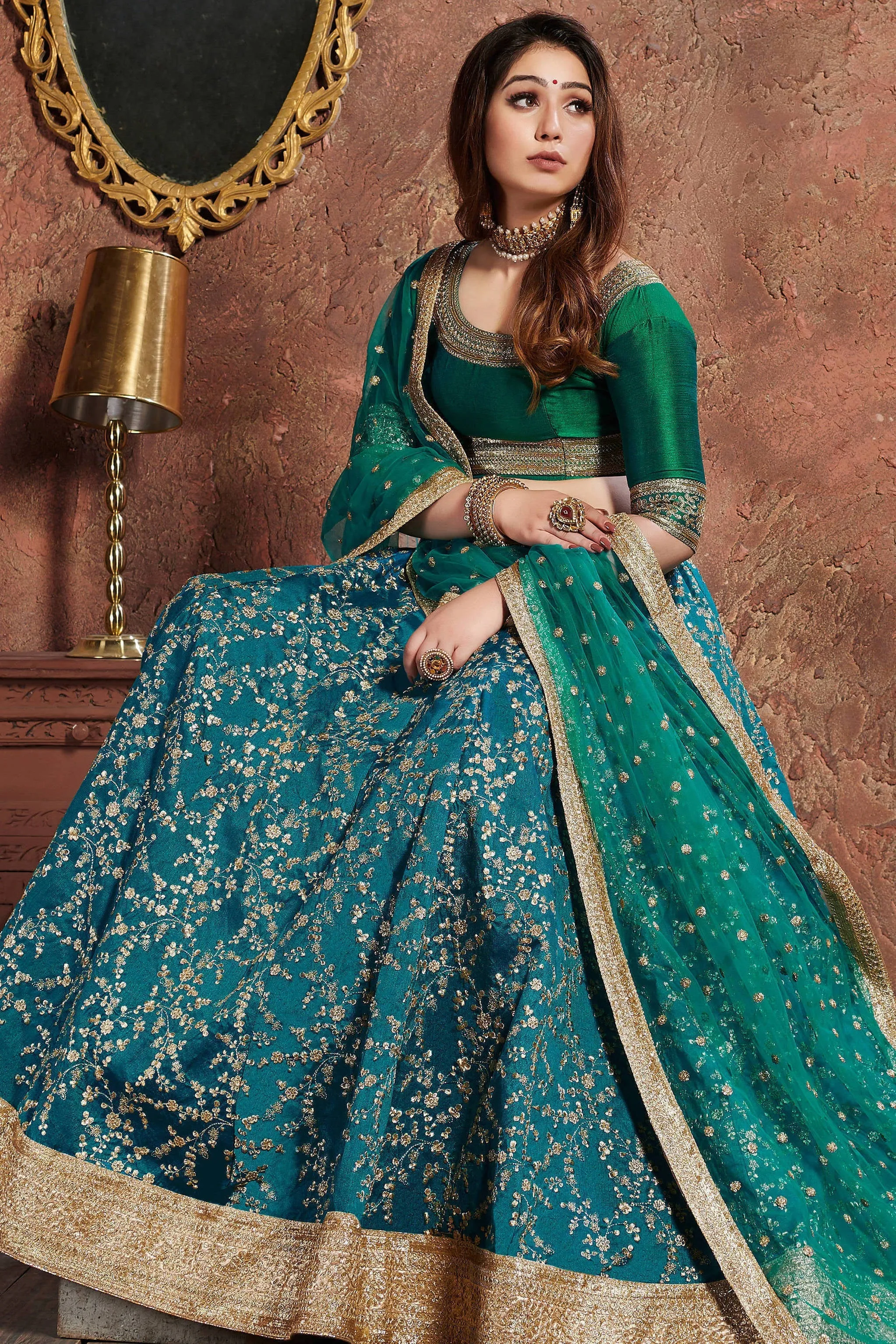 Charming Teal Green Sequins Embroidered Art Silk Wedding Lehenga Choli