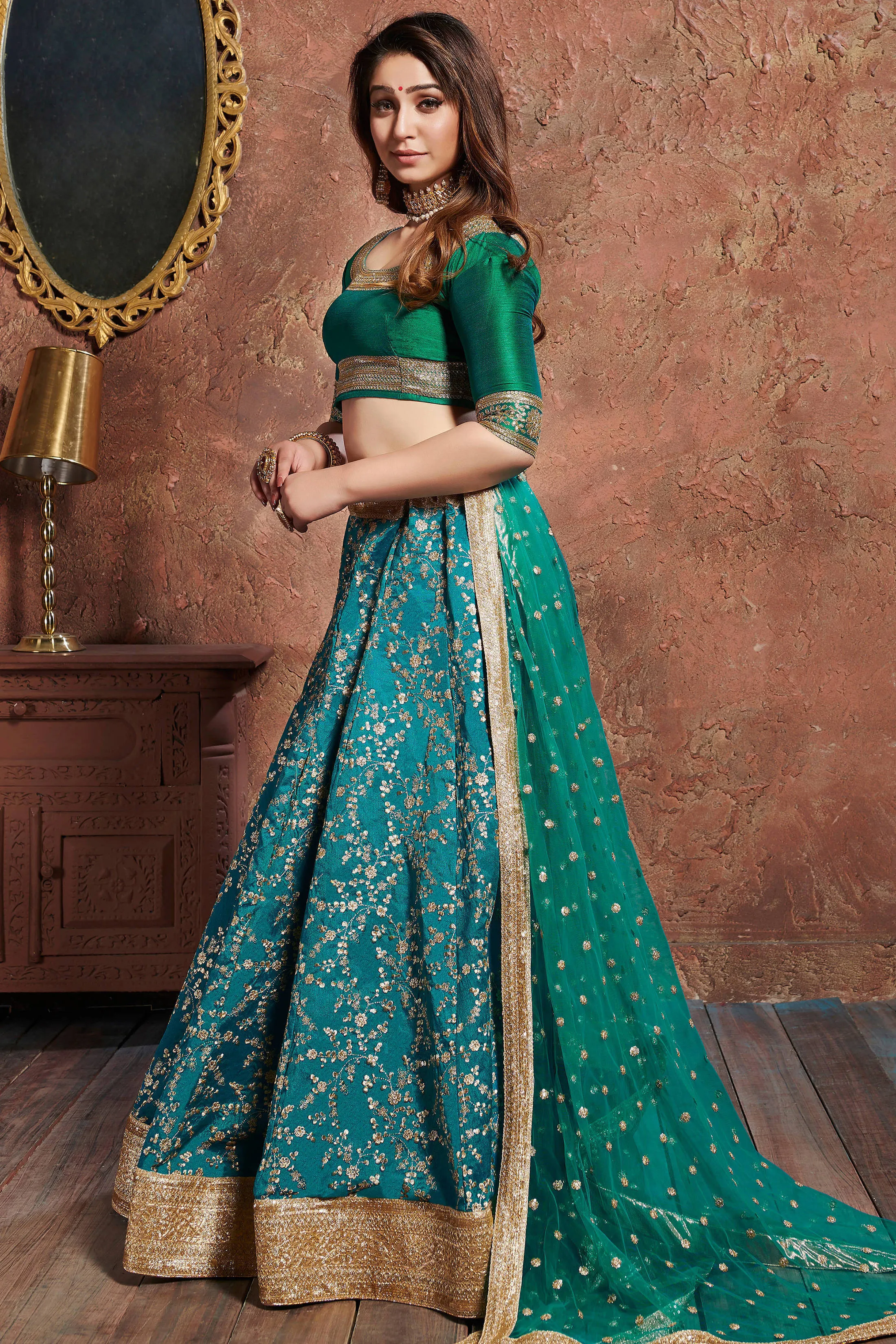 Charming Teal Green Sequins Embroidered Art Silk Wedding Lehenga Choli