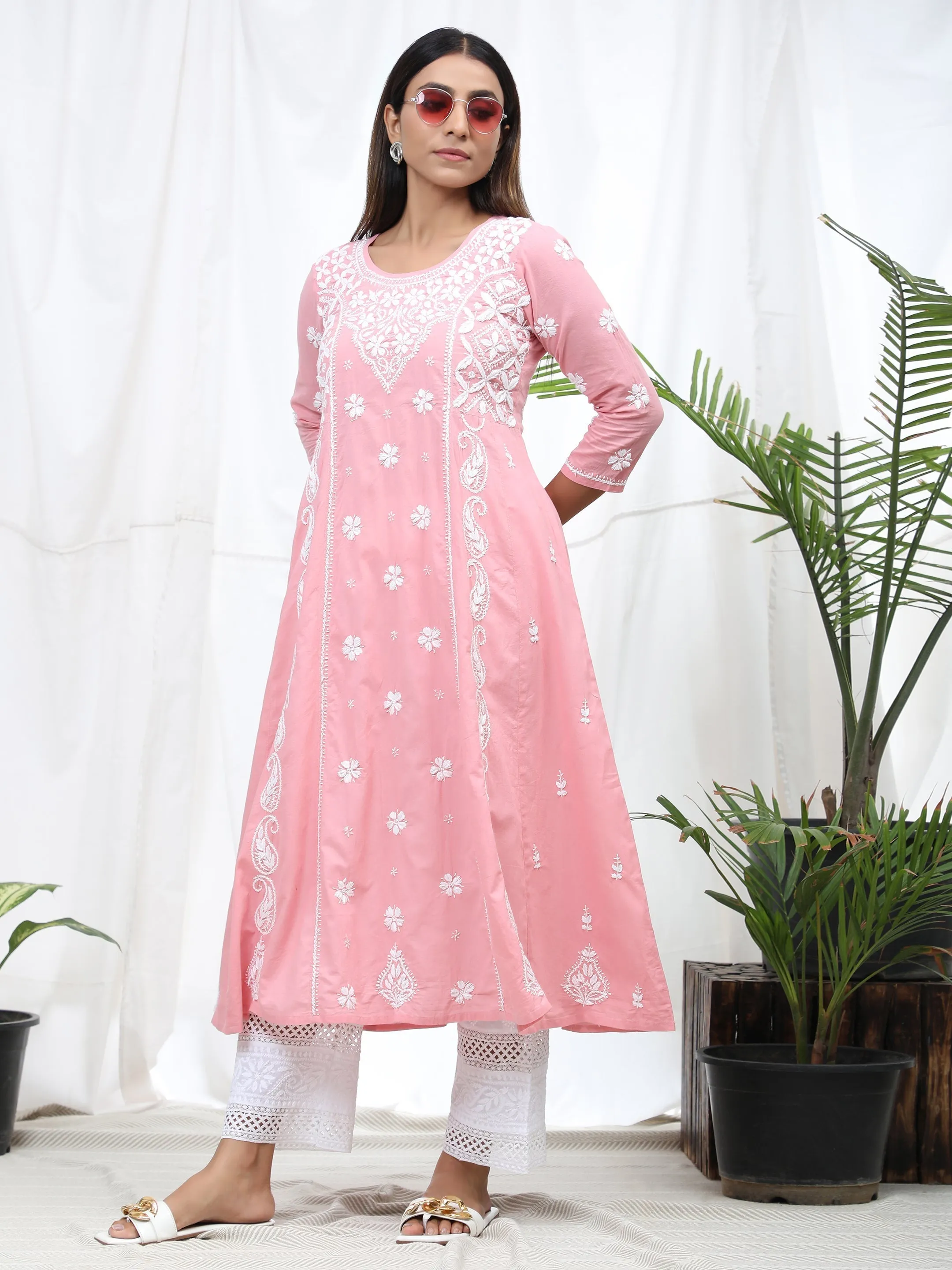 Chikankari Hand Anarkali embroidery Round neck Dress in Cotton