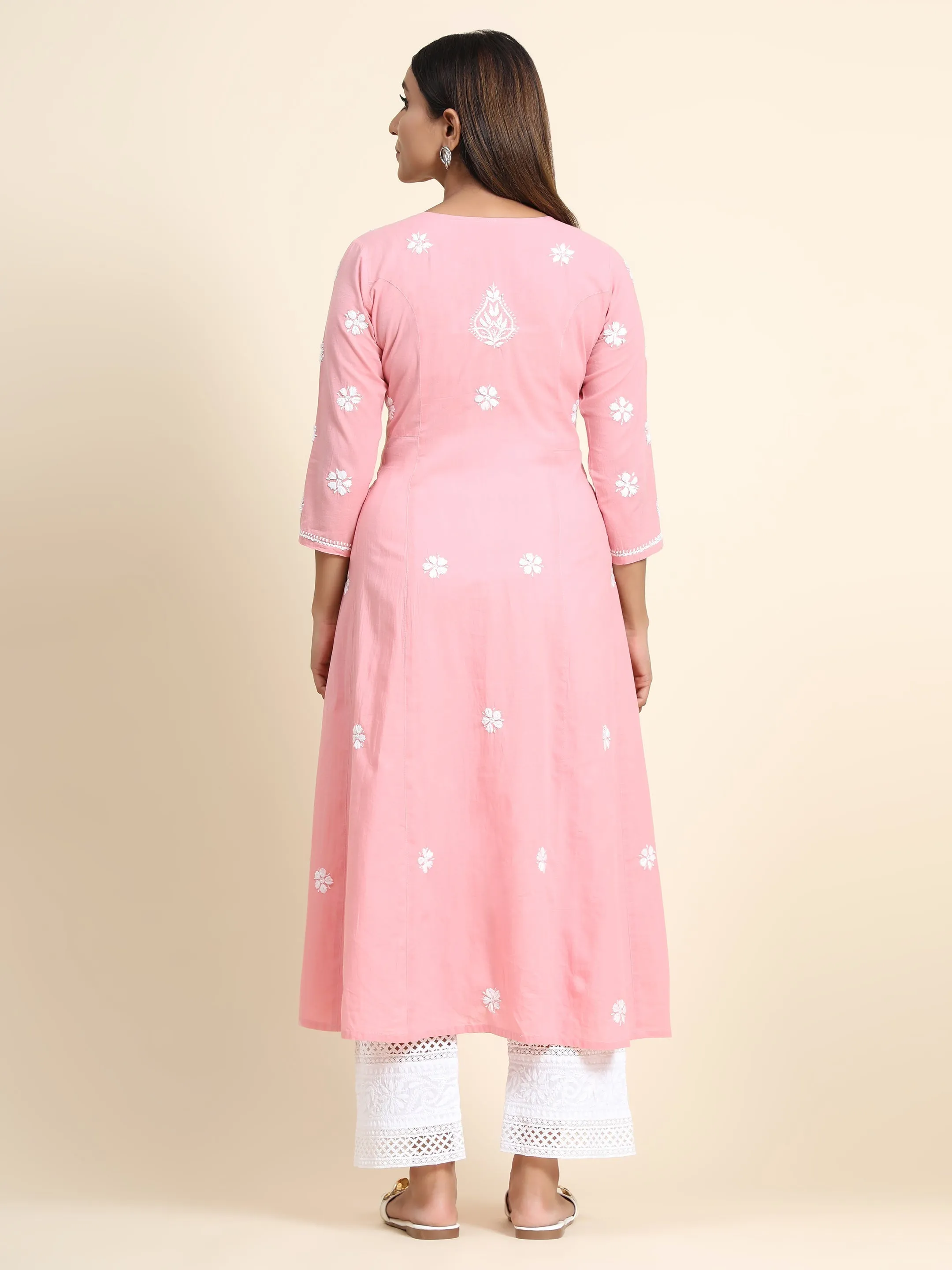 Chikankari Hand Anarkali embroidery Round neck Dress in Cotton