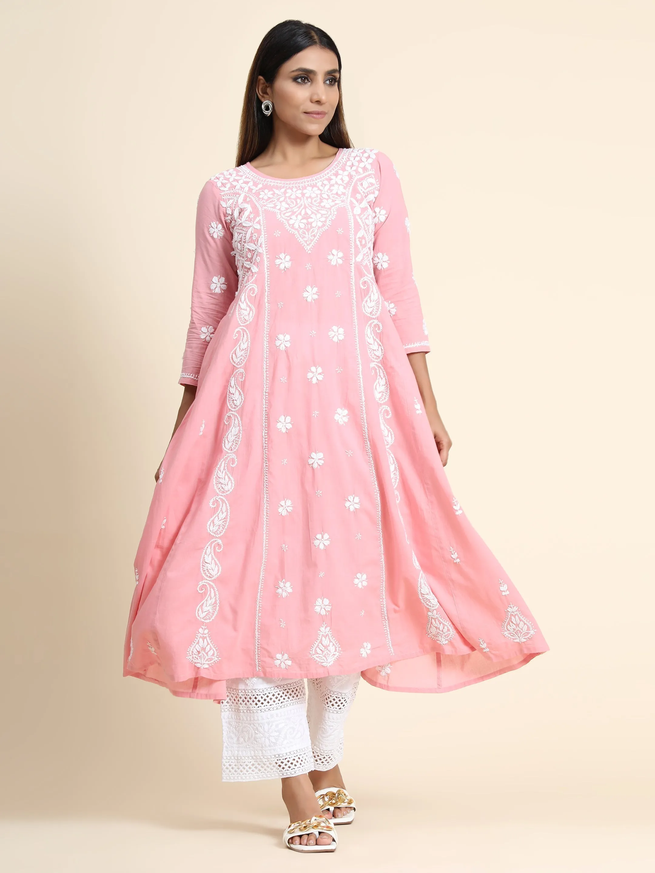 Chikankari Hand Anarkali embroidery Round neck Dress in Cotton