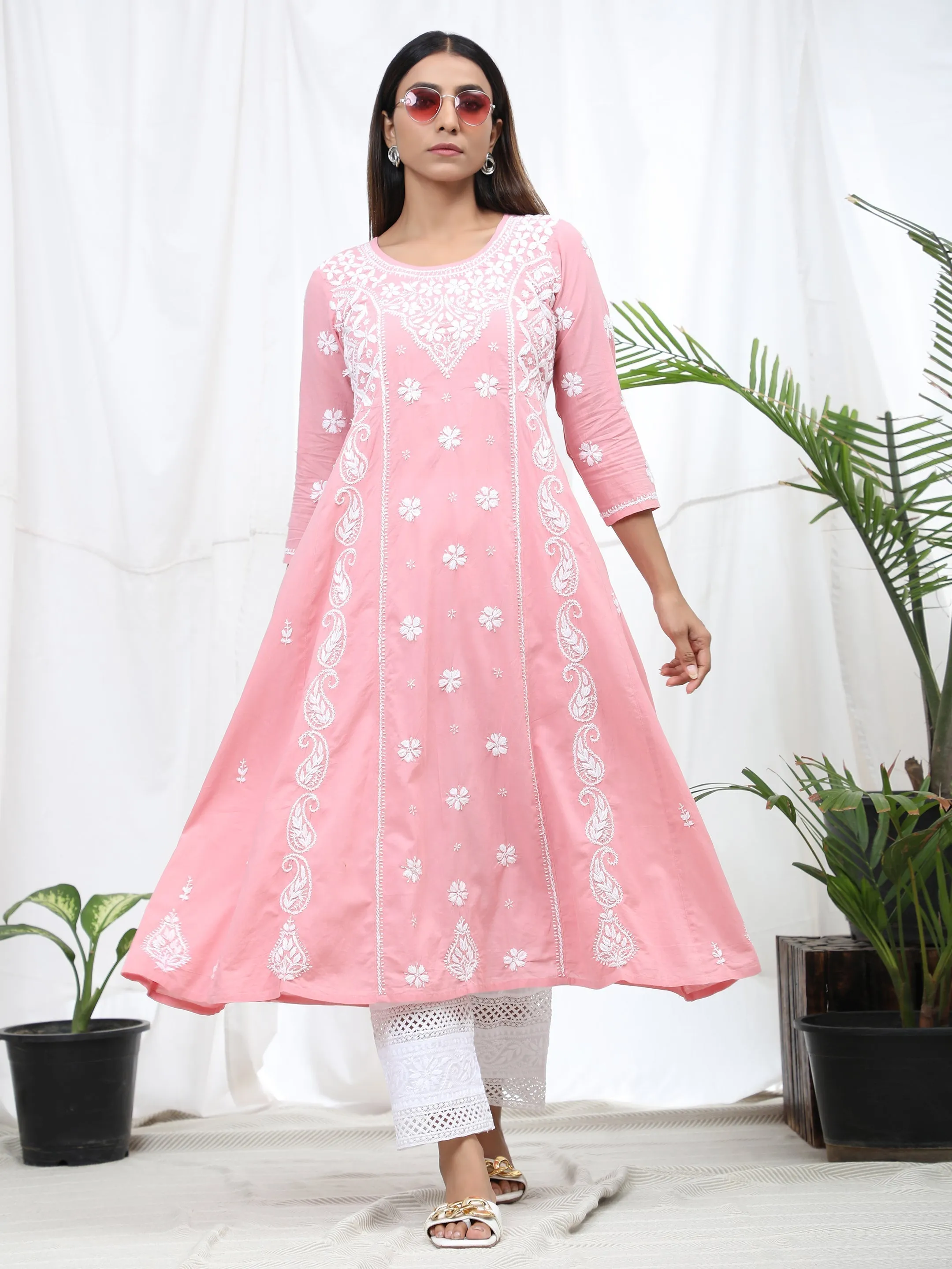 Chikankari Hand Anarkali embroidery Round neck Dress in Cotton