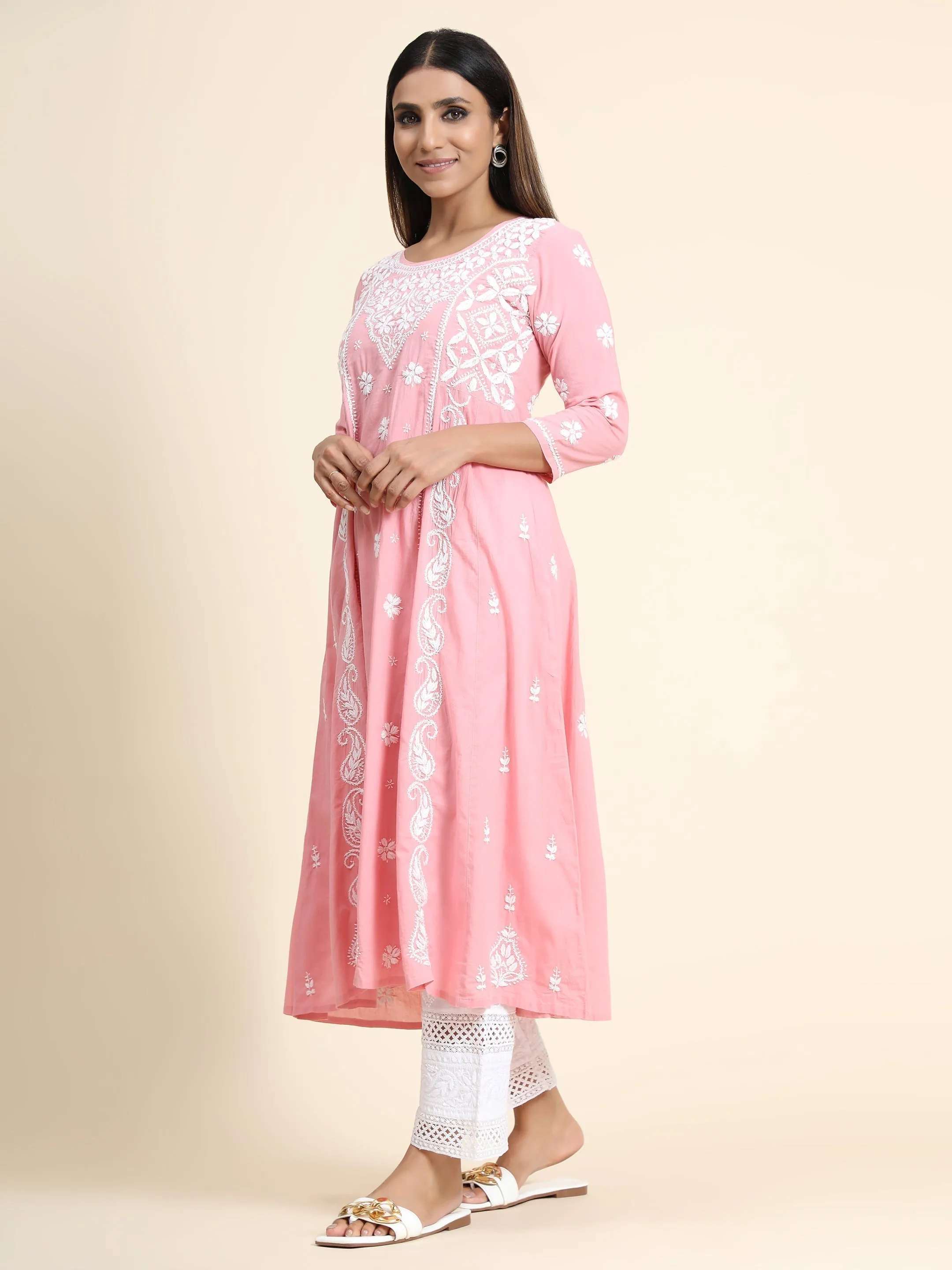 Chikankari Hand Anarkali embroidery Round neck Dress in Cotton