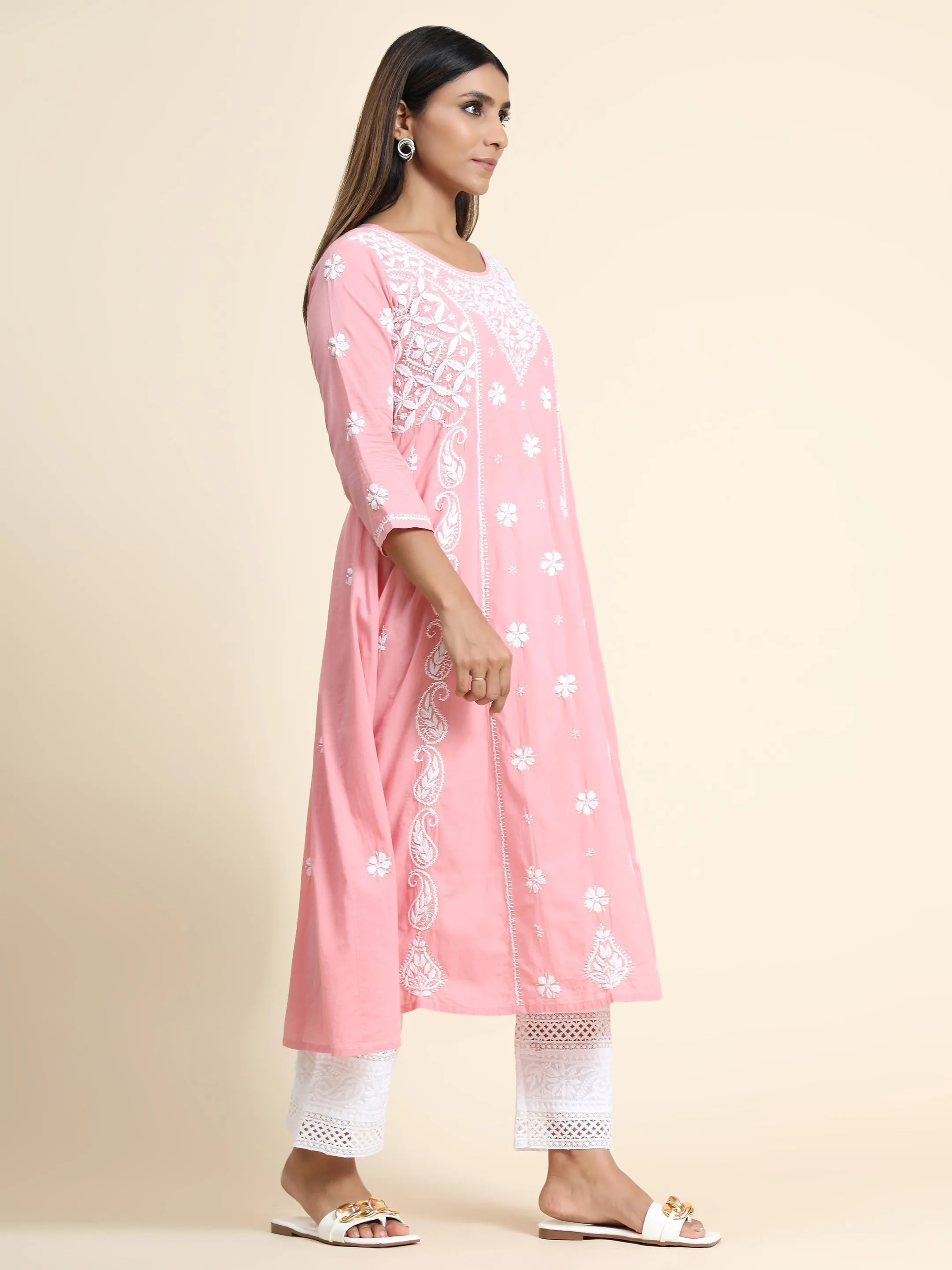 Chikankari Hand Anarkali embroidery Round neck Dress in Cotton