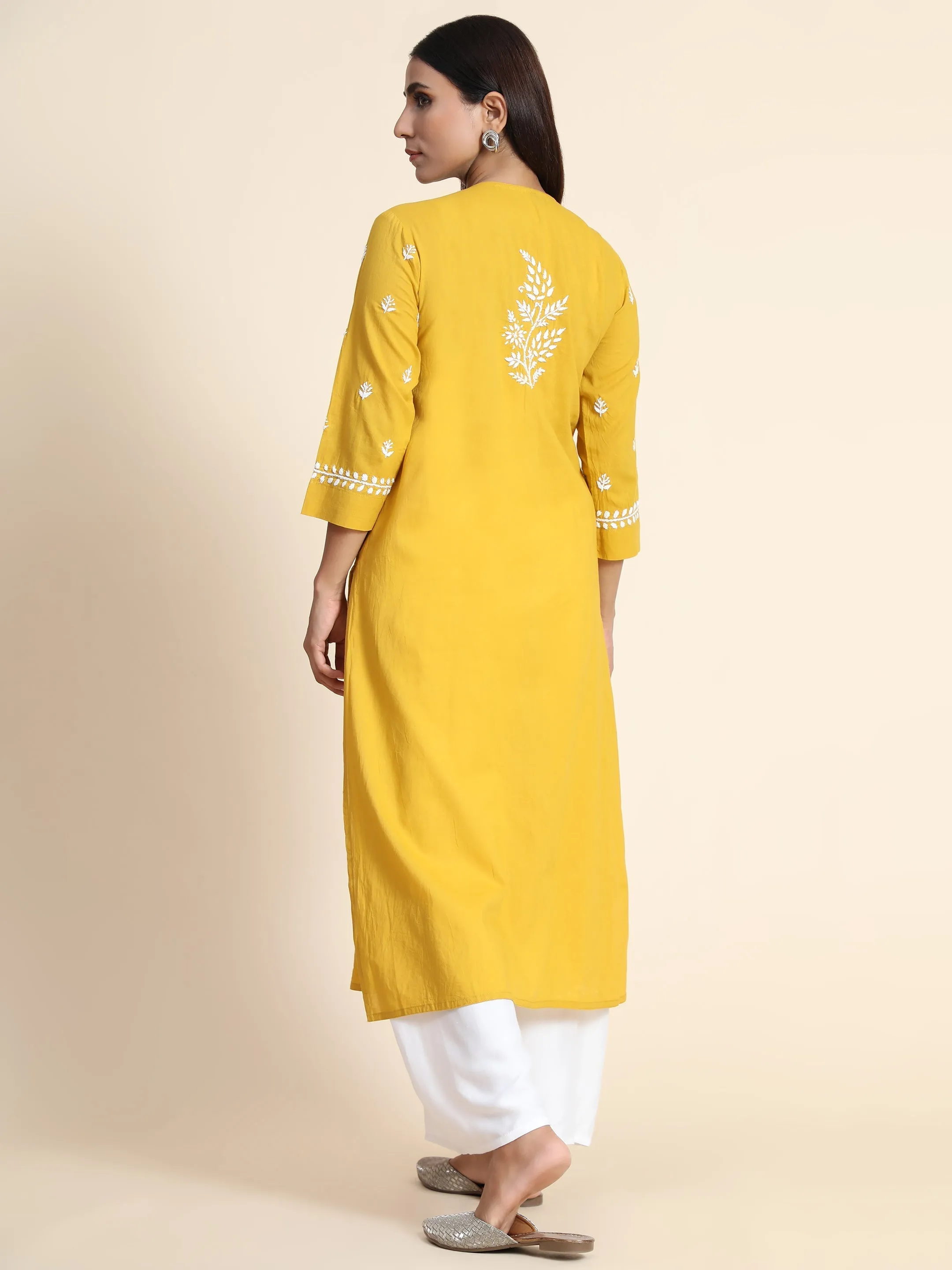 Chikankari Hand embroidery Round neck Dress in Cotton Mustard Yellow