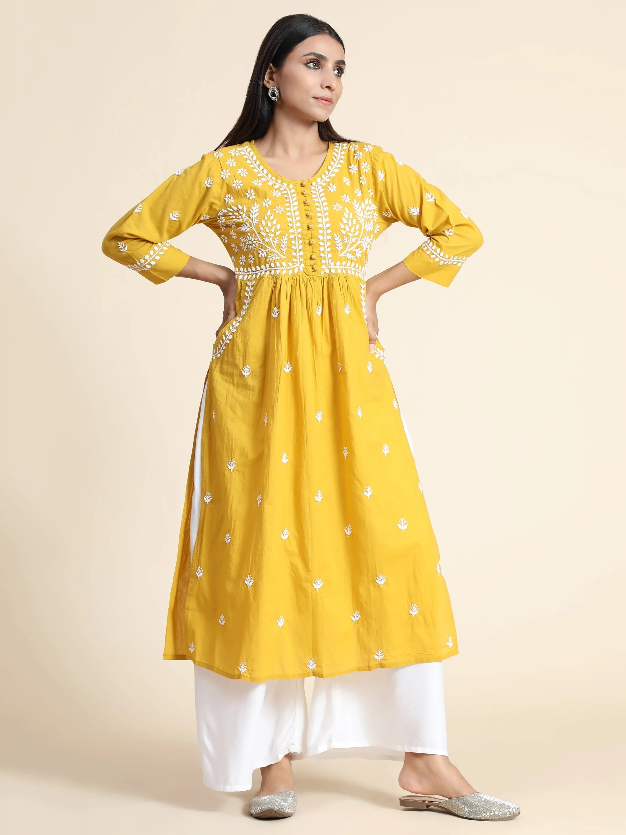 Chikankari Hand embroidery Round neck Dress in Cotton Mustard Yellow