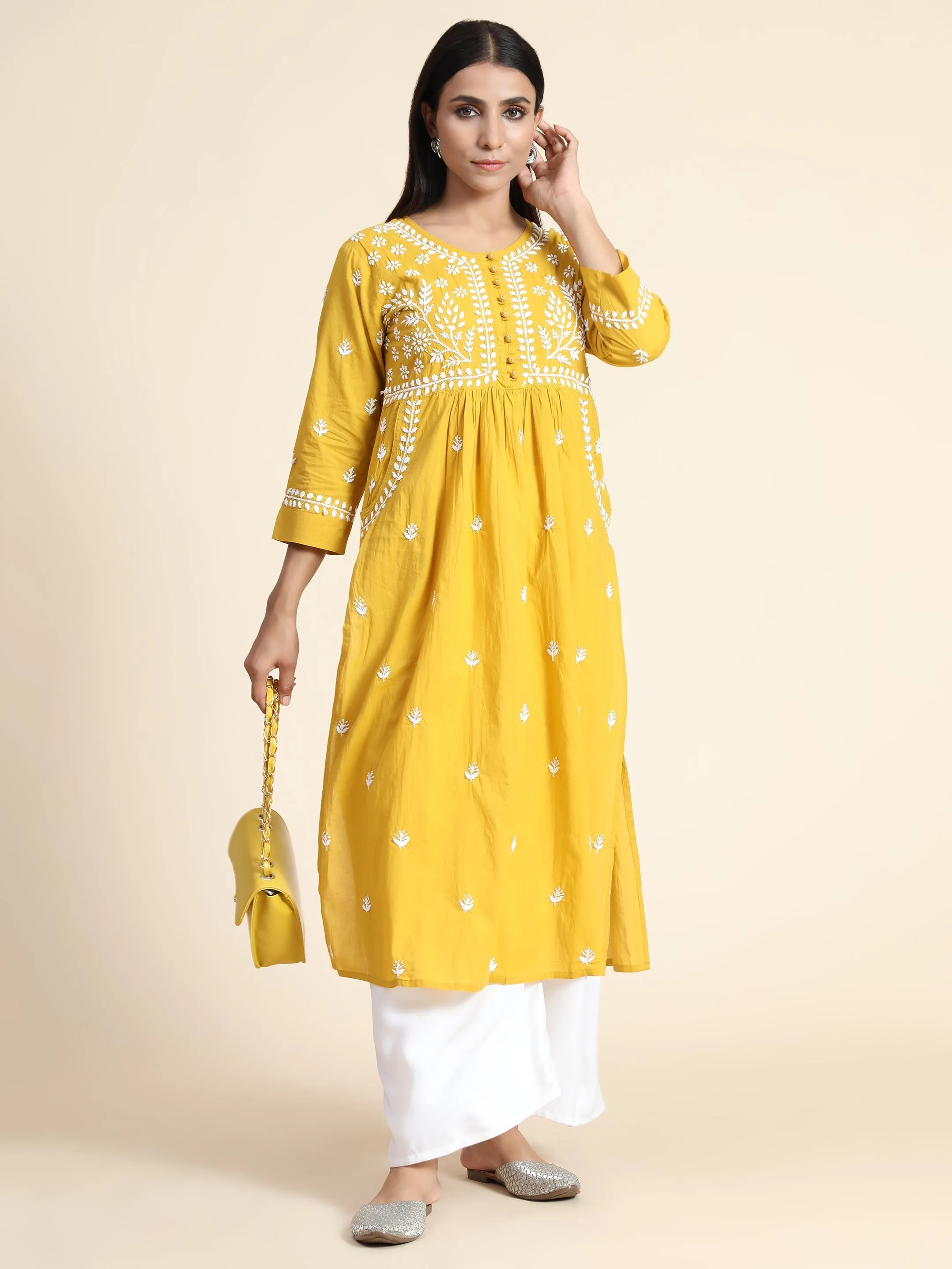 Chikankari Hand embroidery Round neck Dress in Cotton Mustard Yellow