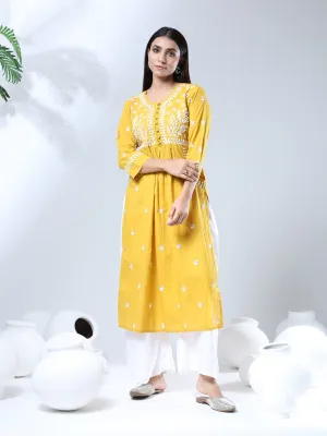 Chikankari Hand embroidery Round neck Dress in Cotton Mustard Yellow