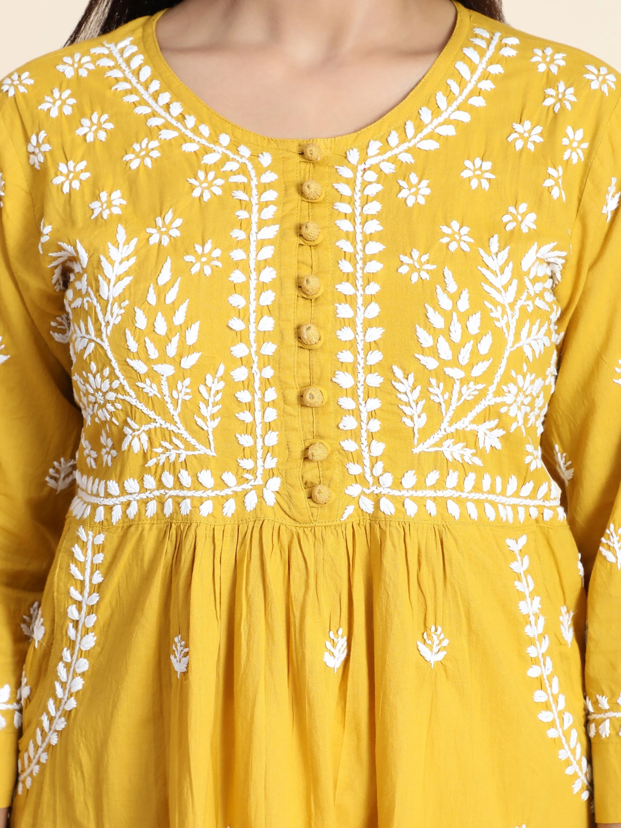 Chikankari Hand embroidery Round neck Dress in Cotton Mustard Yellow