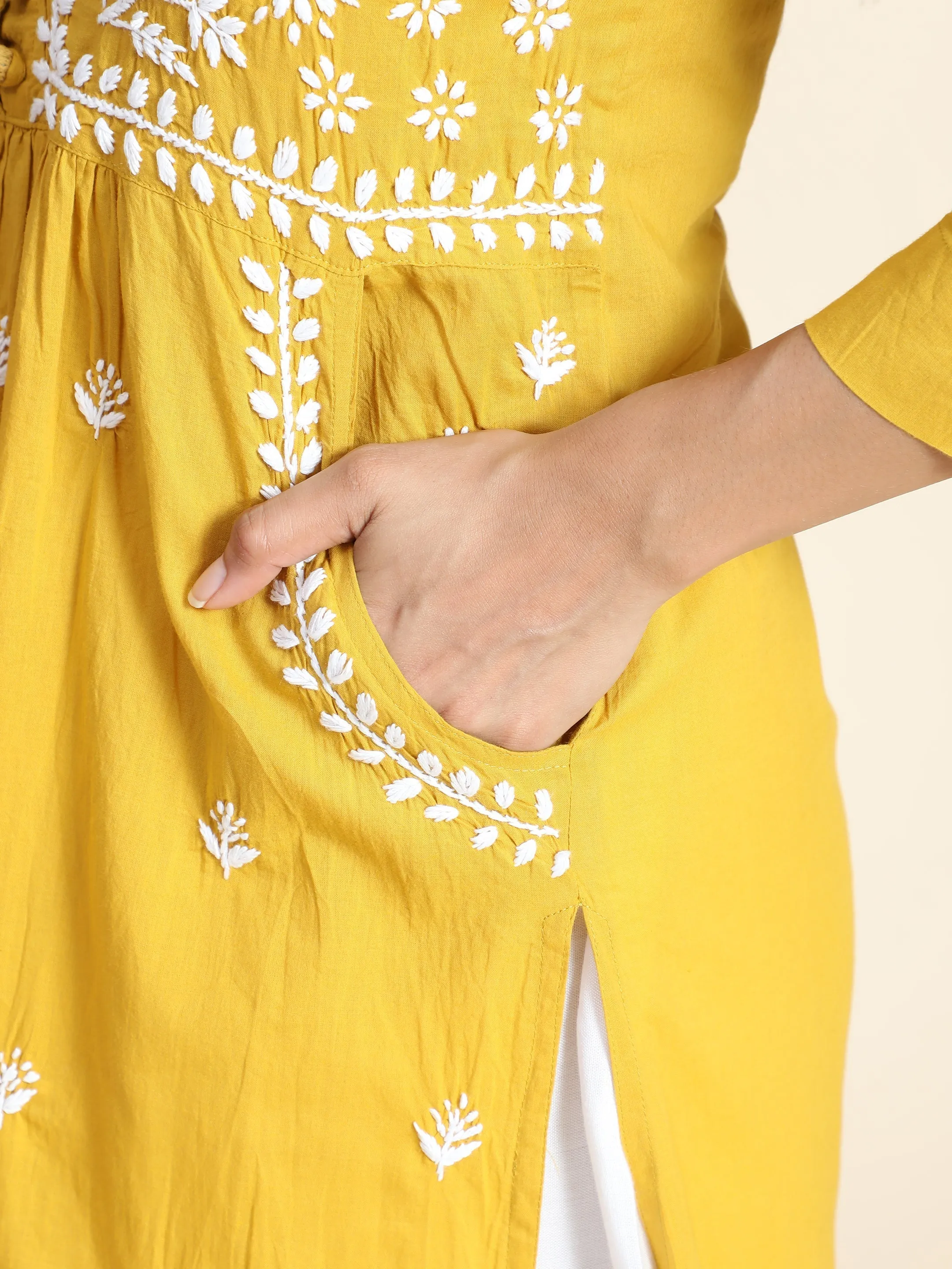 Chikankari Hand embroidery Round neck Dress in Cotton Mustard Yellow