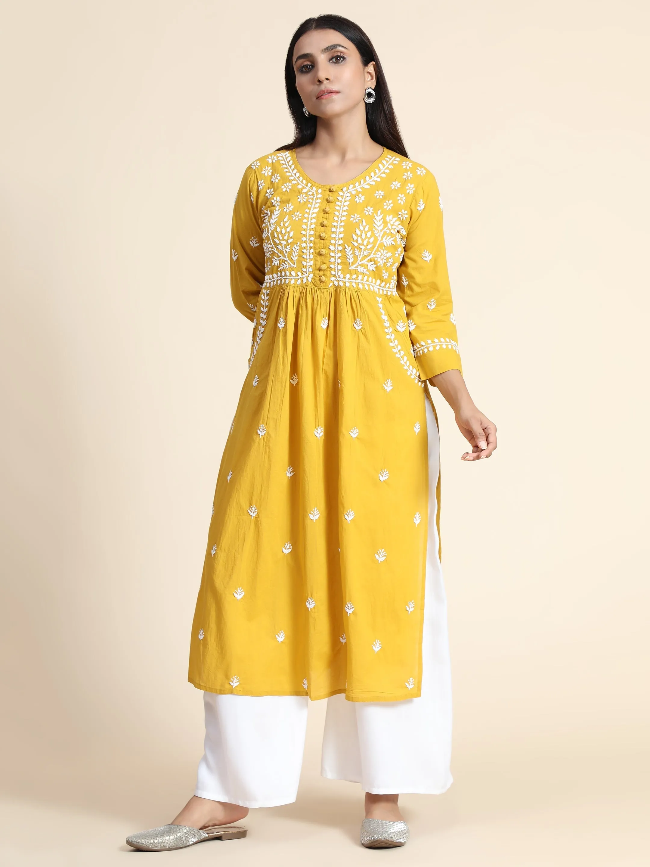 Chikankari Hand embroidery Round neck Dress in Cotton Mustard Yellow