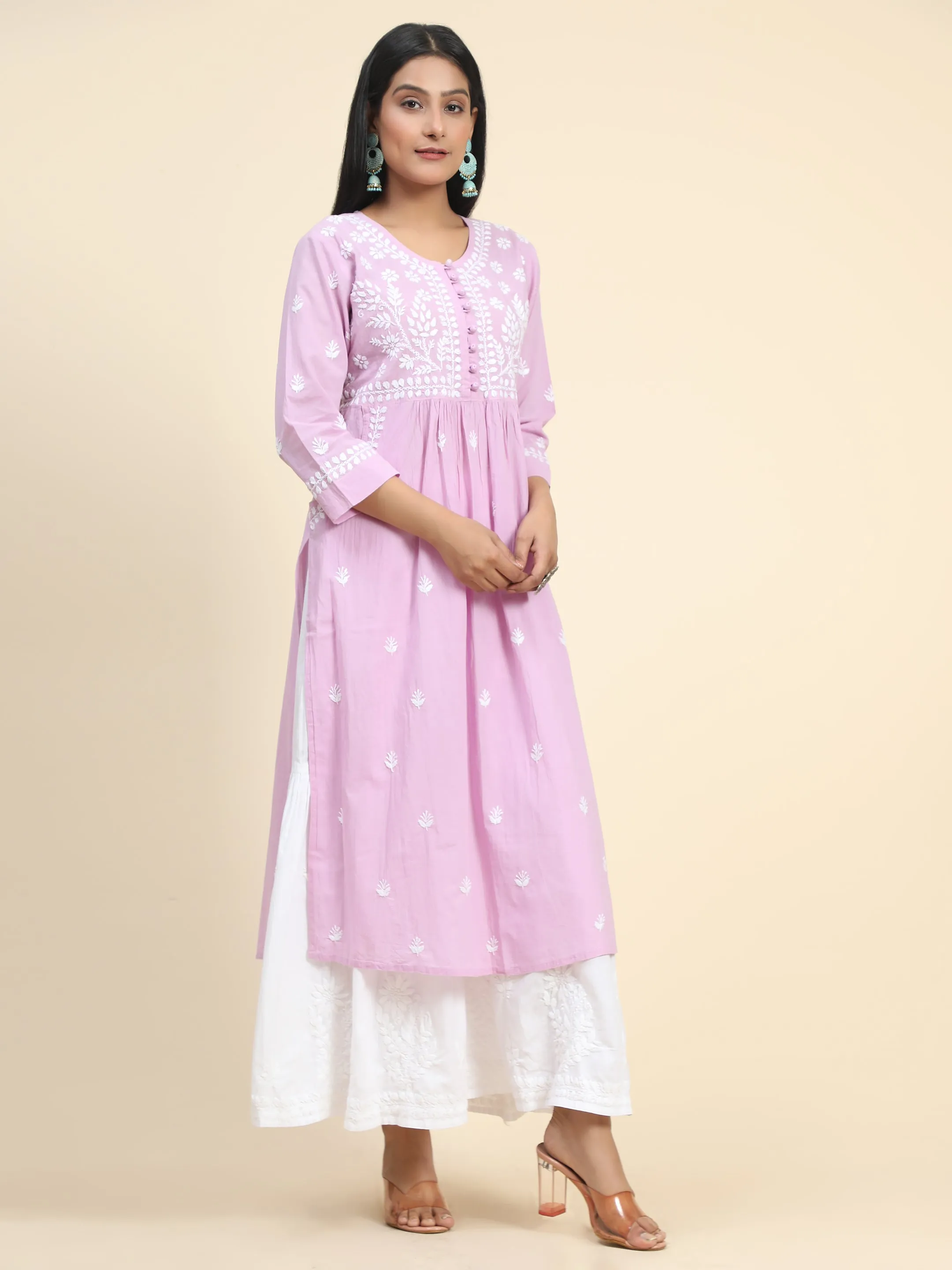 Chikankari Hand embroidery Round neck Dress with Pocket- Lavender