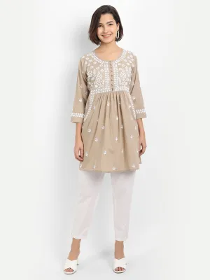 Chikankari Hand embroidery tunic-Brown