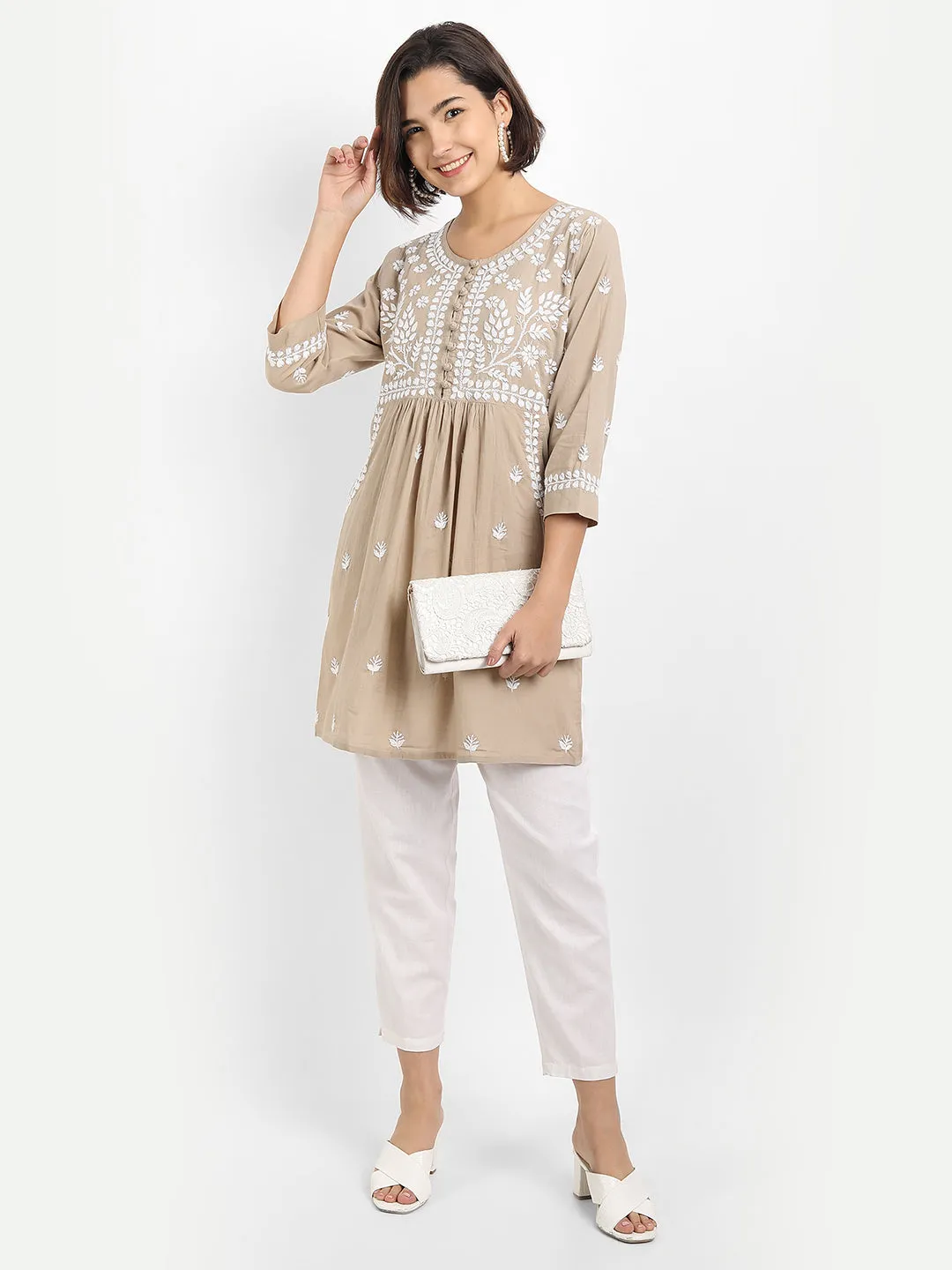 Chikankari Hand embroidery tunic-Brown