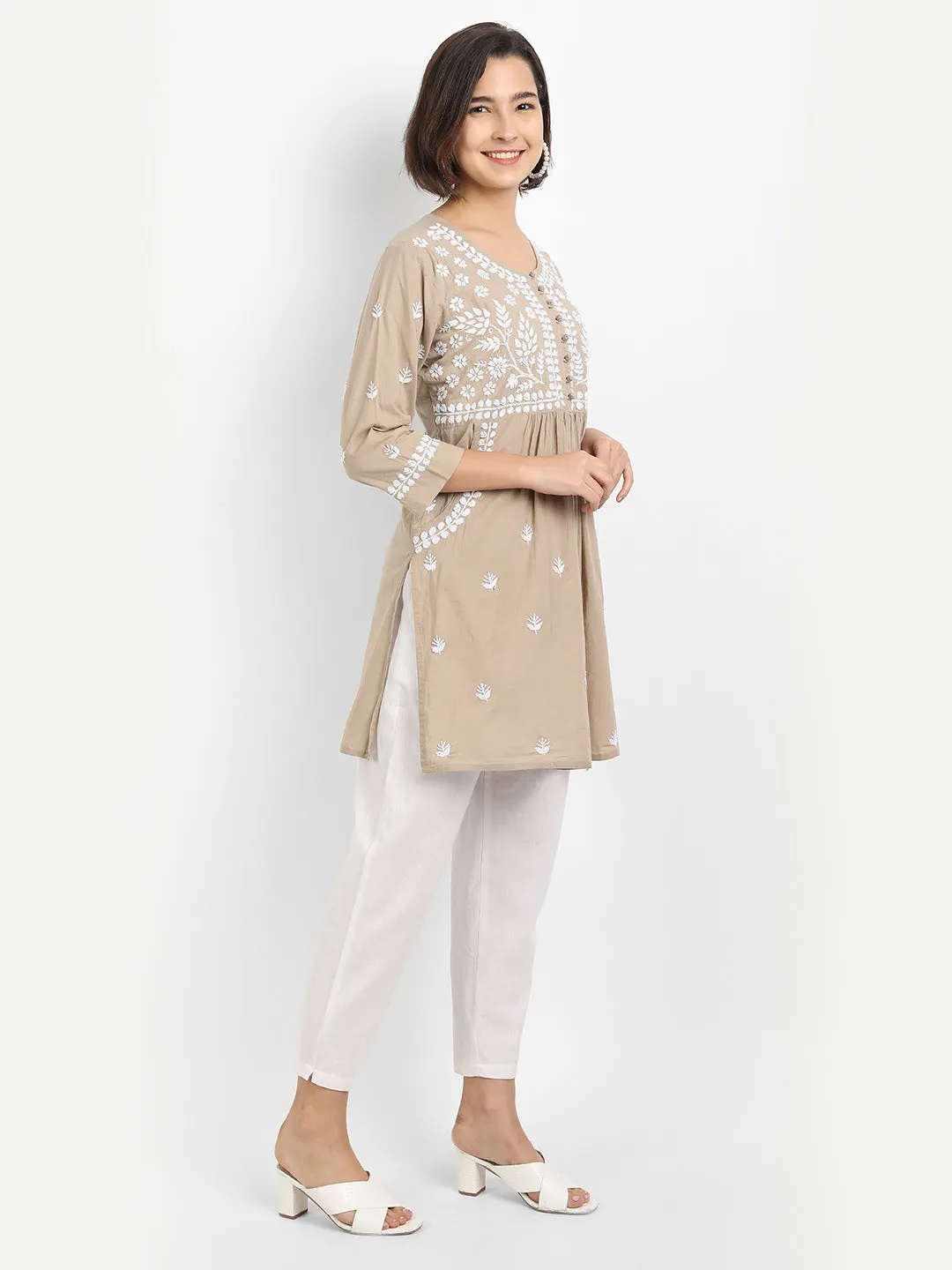 Chikankari Hand embroidery tunic-Brown