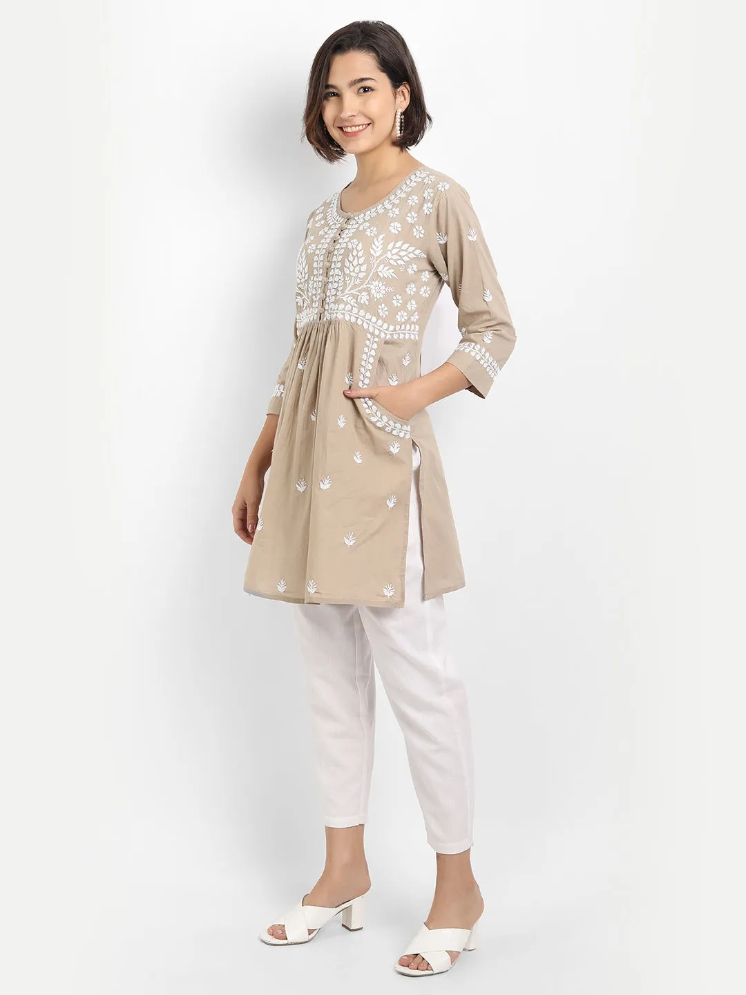 Chikankari Hand embroidery tunic-Brown