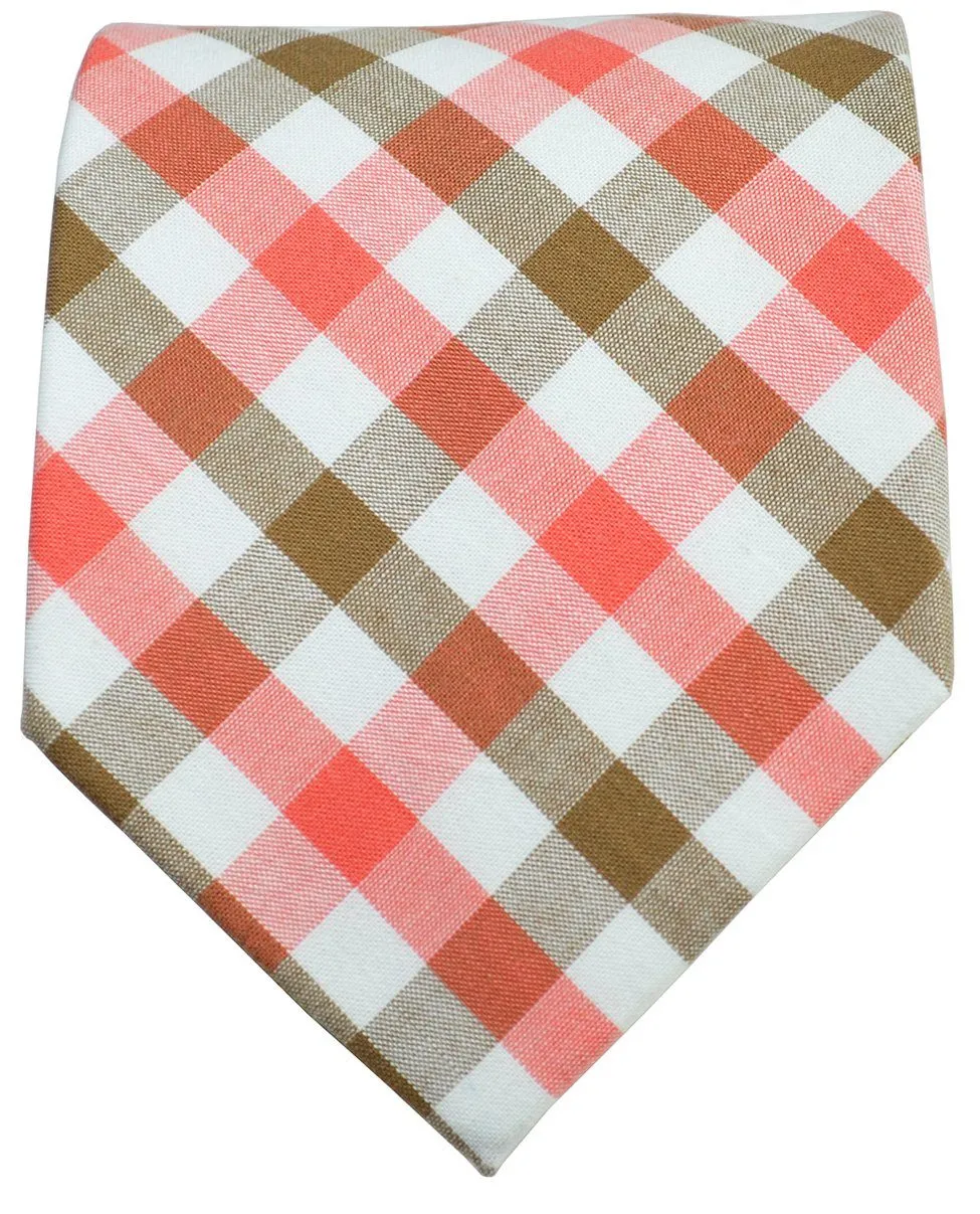 Coral and Tan Checkered Cotton Necktie