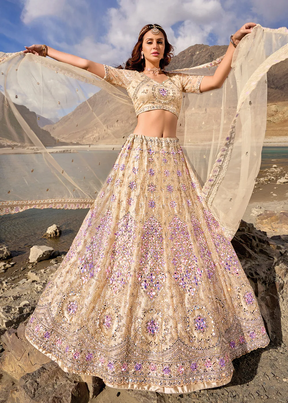 Cream Embroidered Pure Net Designer Bridal Lehenga Choli