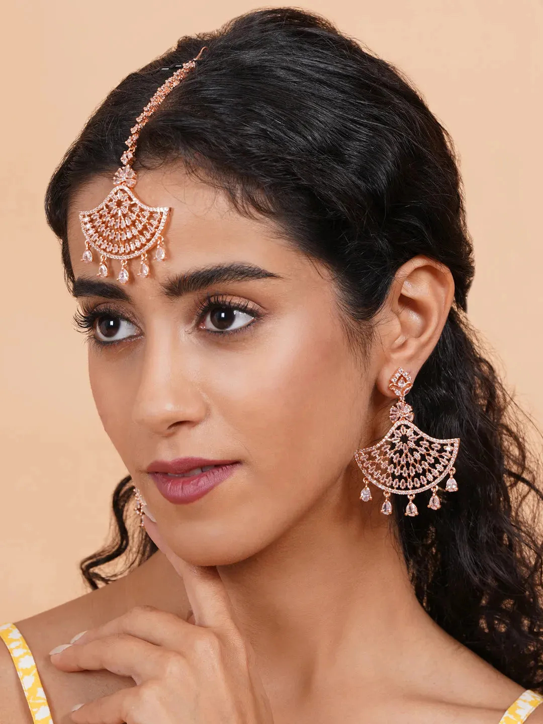 CZ AD Rose Gold Symmetrical Earring-Maangtika Set | Hypoallergenic Jewelry