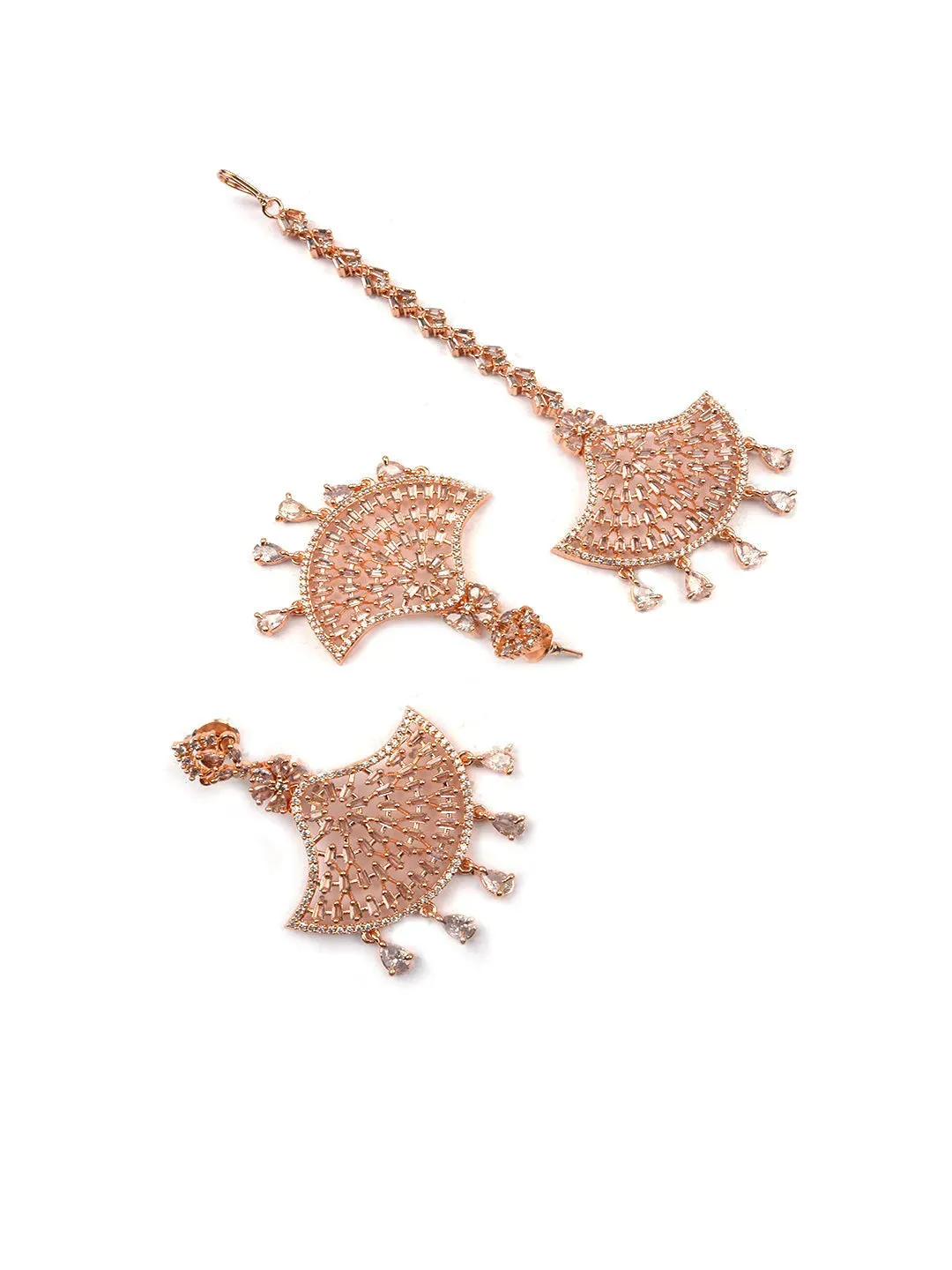 CZ AD Rose Gold Symmetrical Earring-Maangtika Set | Hypoallergenic Jewelry