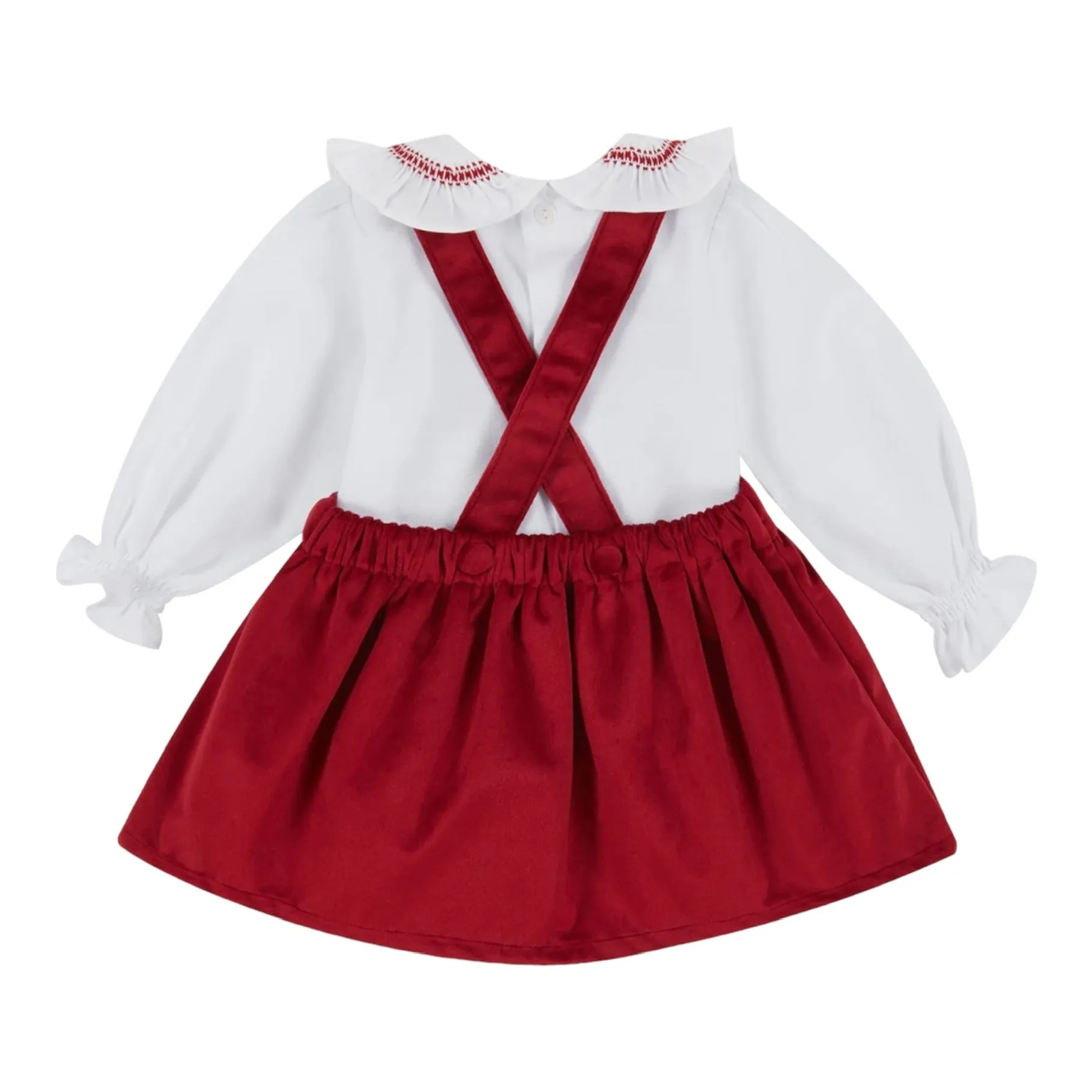 deolinda - Red pinafore and white blouse