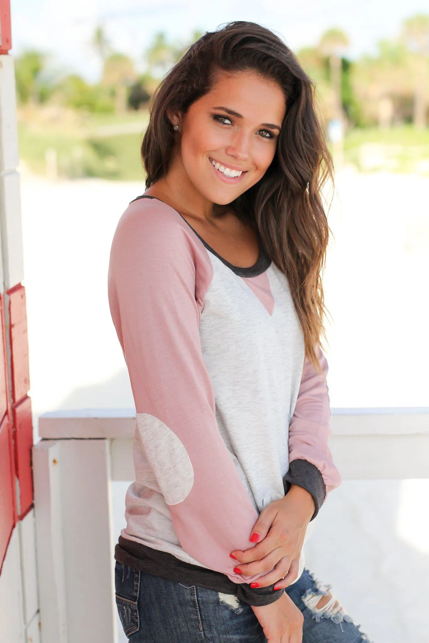 Dusty Pink and Gray Color Block Pullover Top