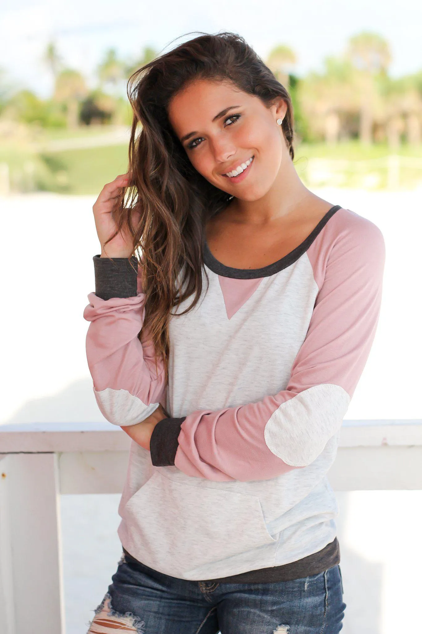 Dusty Pink and Gray Color Block Pullover Top