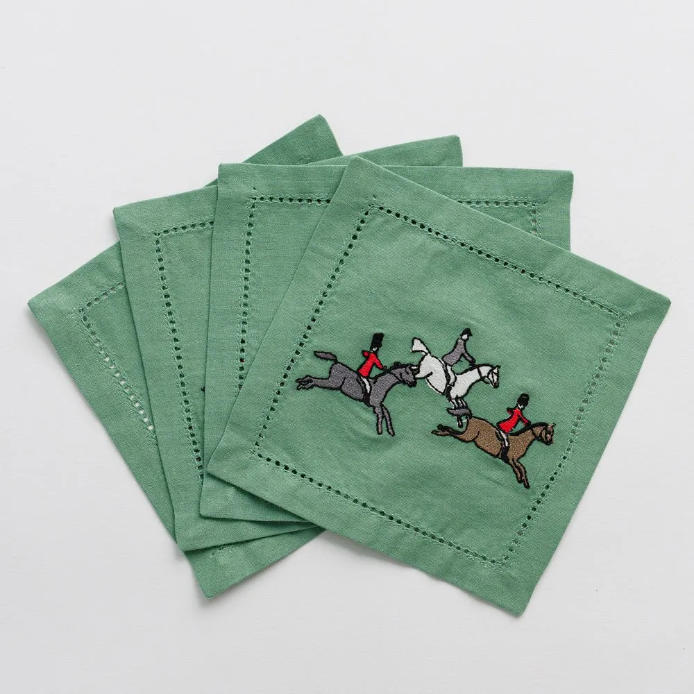 Embroidered Hunt Scene Green Cocktail Napkin | Set of 4