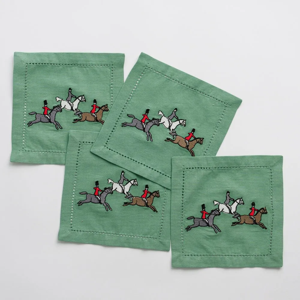 Embroidered Hunt Scene Green Cocktail Napkin | Set of 4