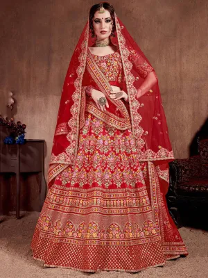 Flattering Red Colored Designer Bridal wear Embroidered Lehenga Choli