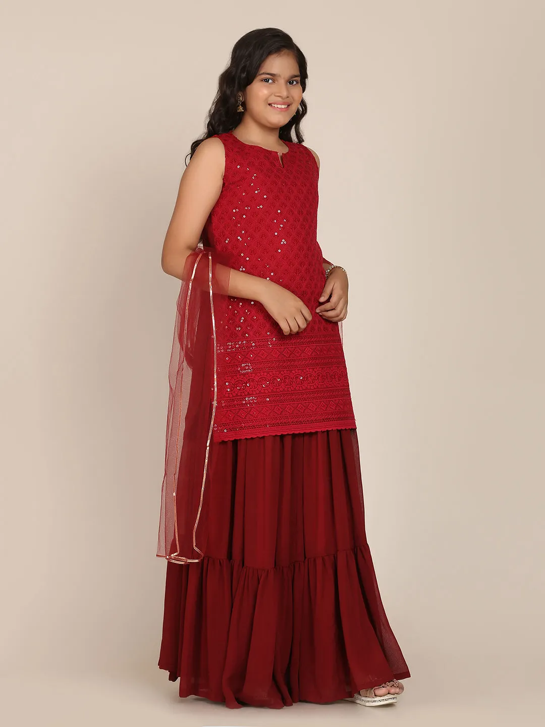 Girl's Maroon Sharara Set With Dupatta - Bitiya By Bhama