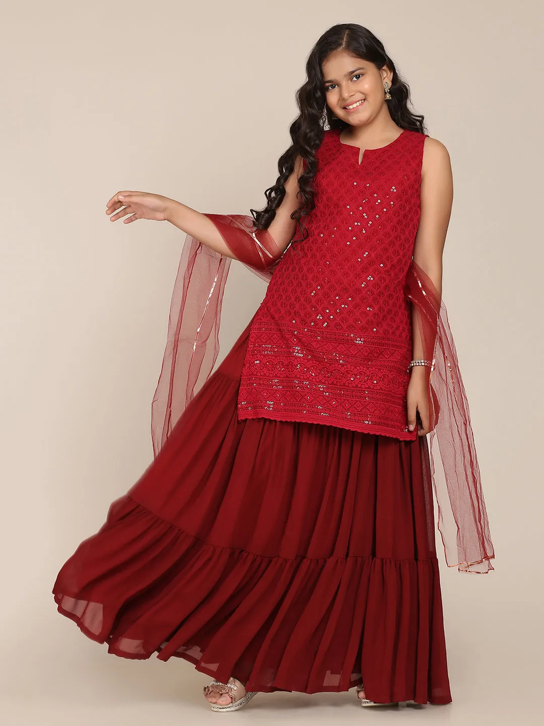 Girl's Maroon Sharara Set With Dupatta - Bitiya By Bhama