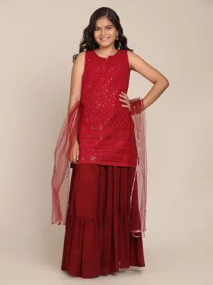 Girl's Maroon Sharara Set With Dupatta - Bitiya By Bhama