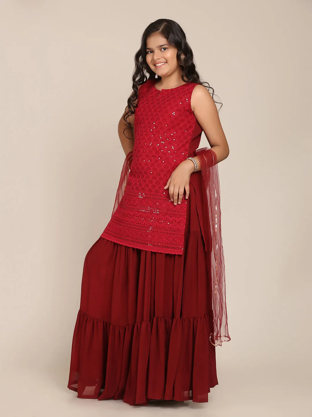 Girl's Maroon Sharara Set With Dupatta - Bitiya By Bhama