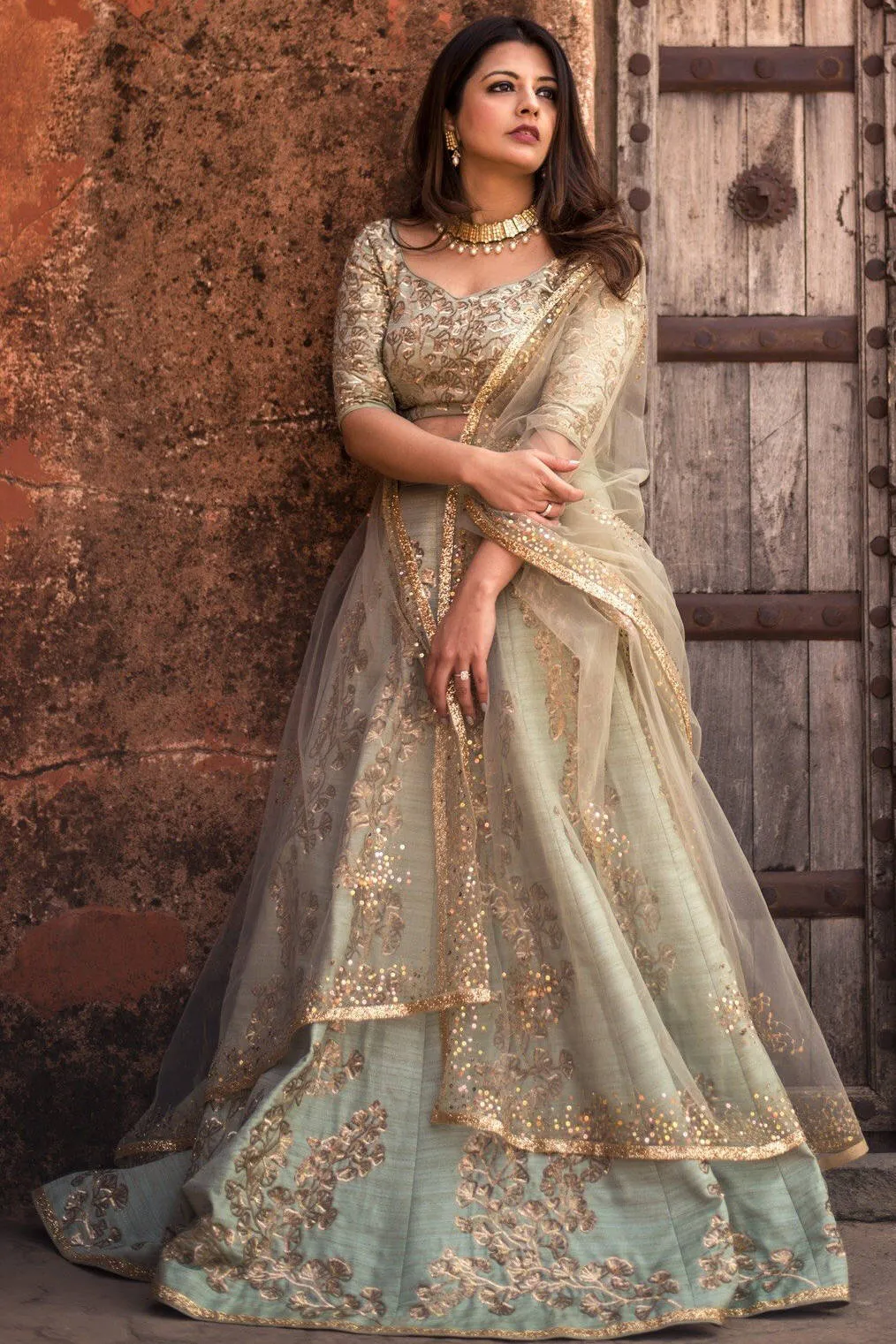 Glorious Mint Green Sequins Silk Bridal Lehenga Choli With Beige Dupatta