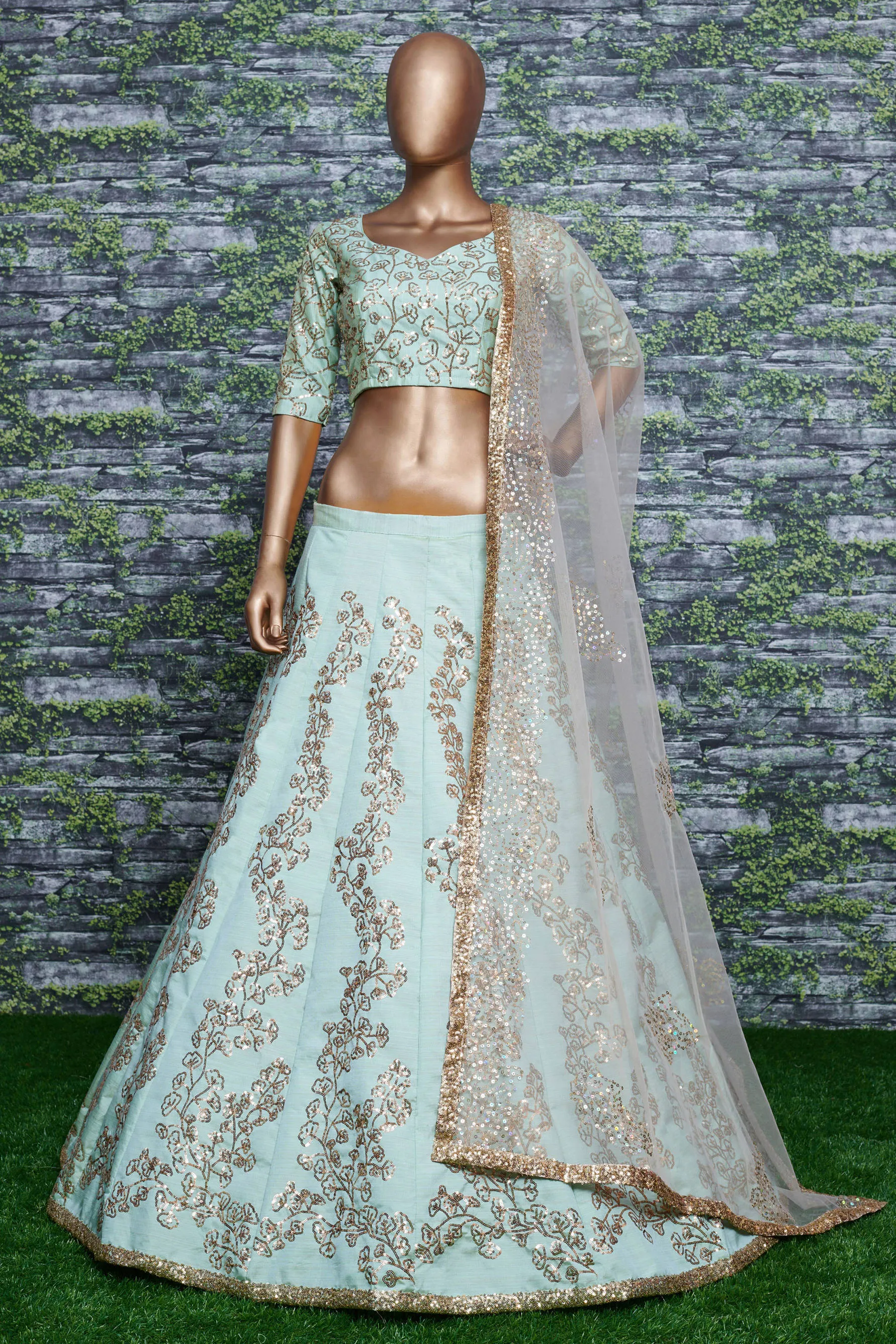 Glorious Mint Green Sequins Silk Bridal Lehenga Choli With Beige Dupatta