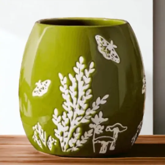 Green & White Floral Plant Pot