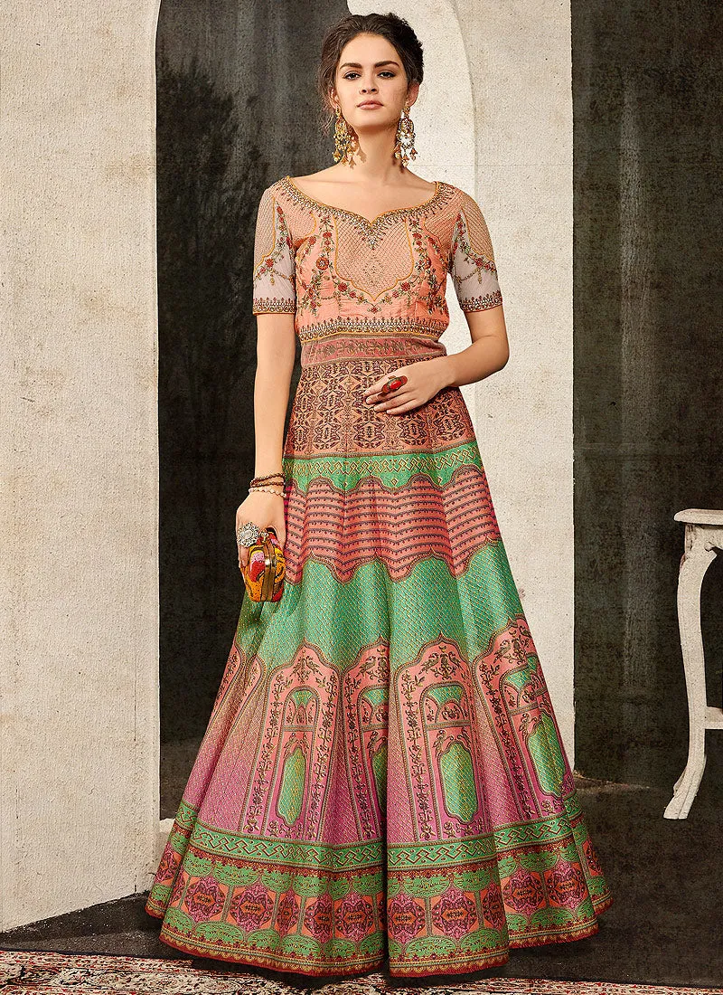 Green And Peach Embroidered Wedding Lehenga/ Gown